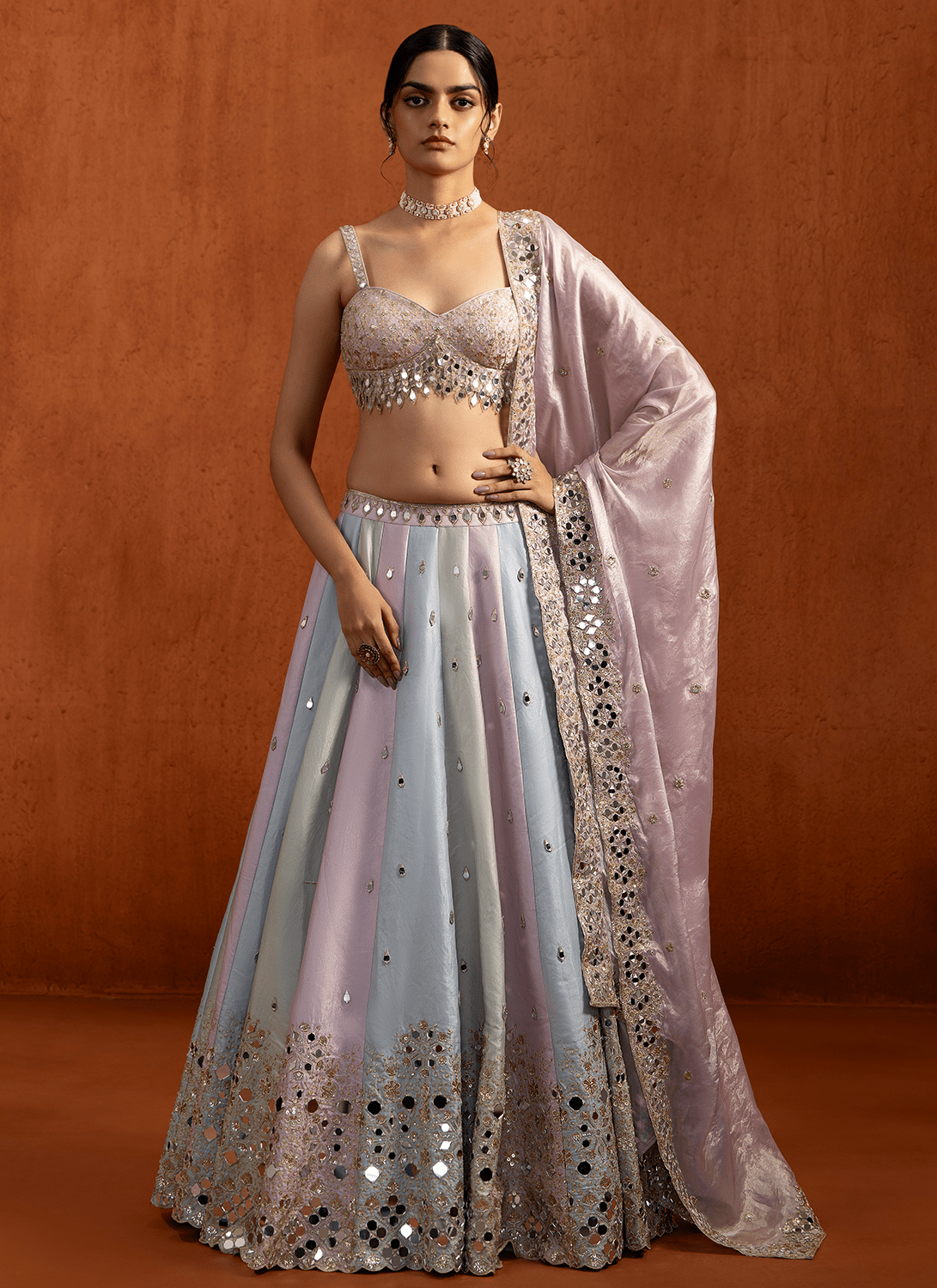 Lavender Multicolor Embroidered Satin Lehenga - Lashkaraa
