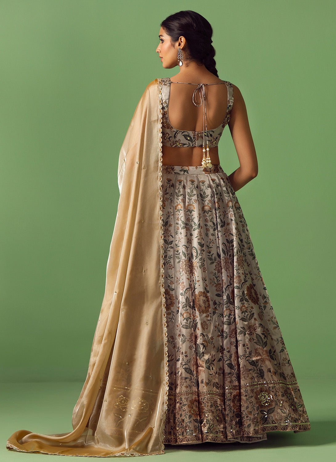 Light Beige Floral Printed Organza Lehenga - Lashkaraa