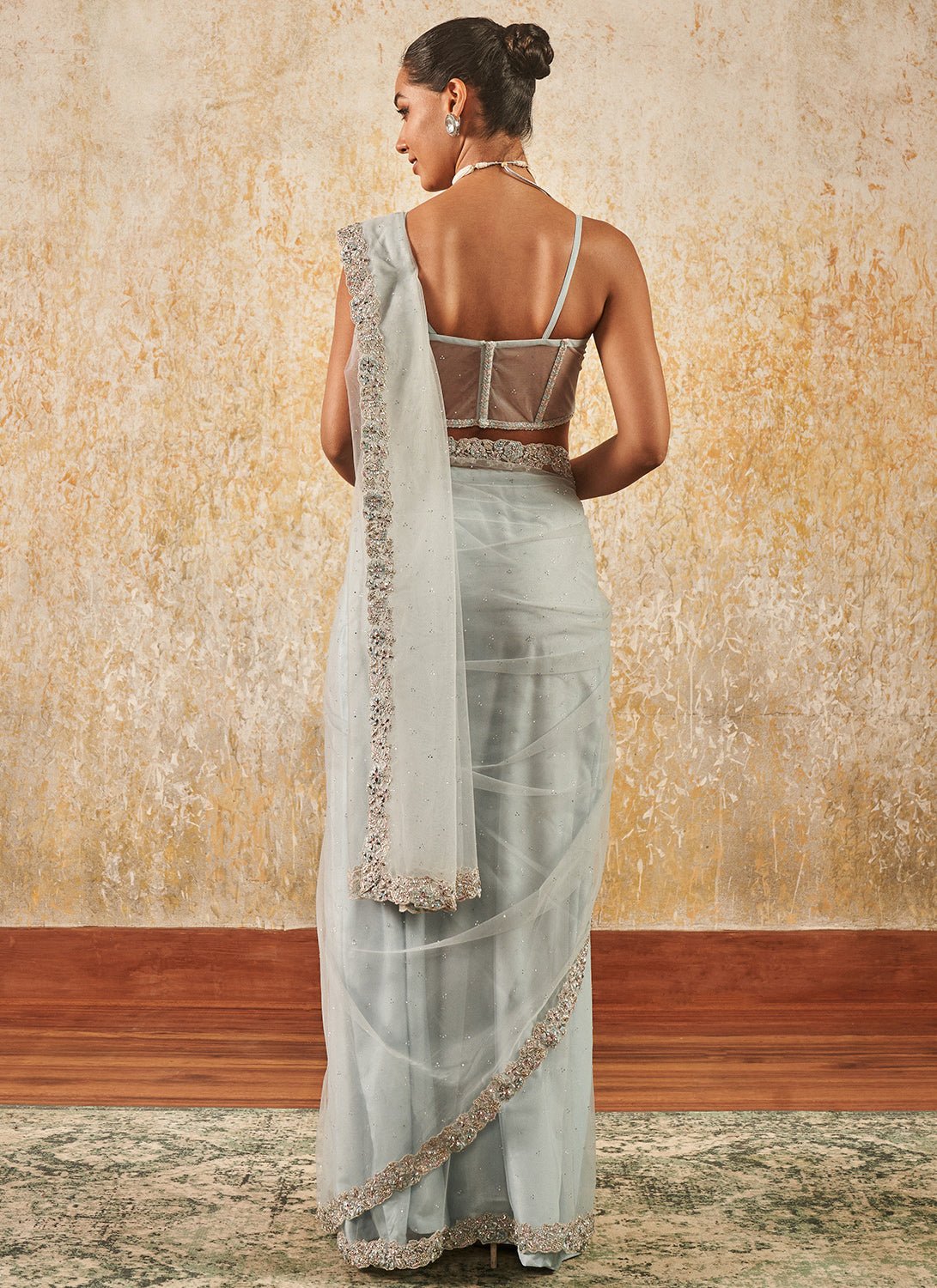 Light Blue Corset Style Embroidered Saree - Lashkaraa