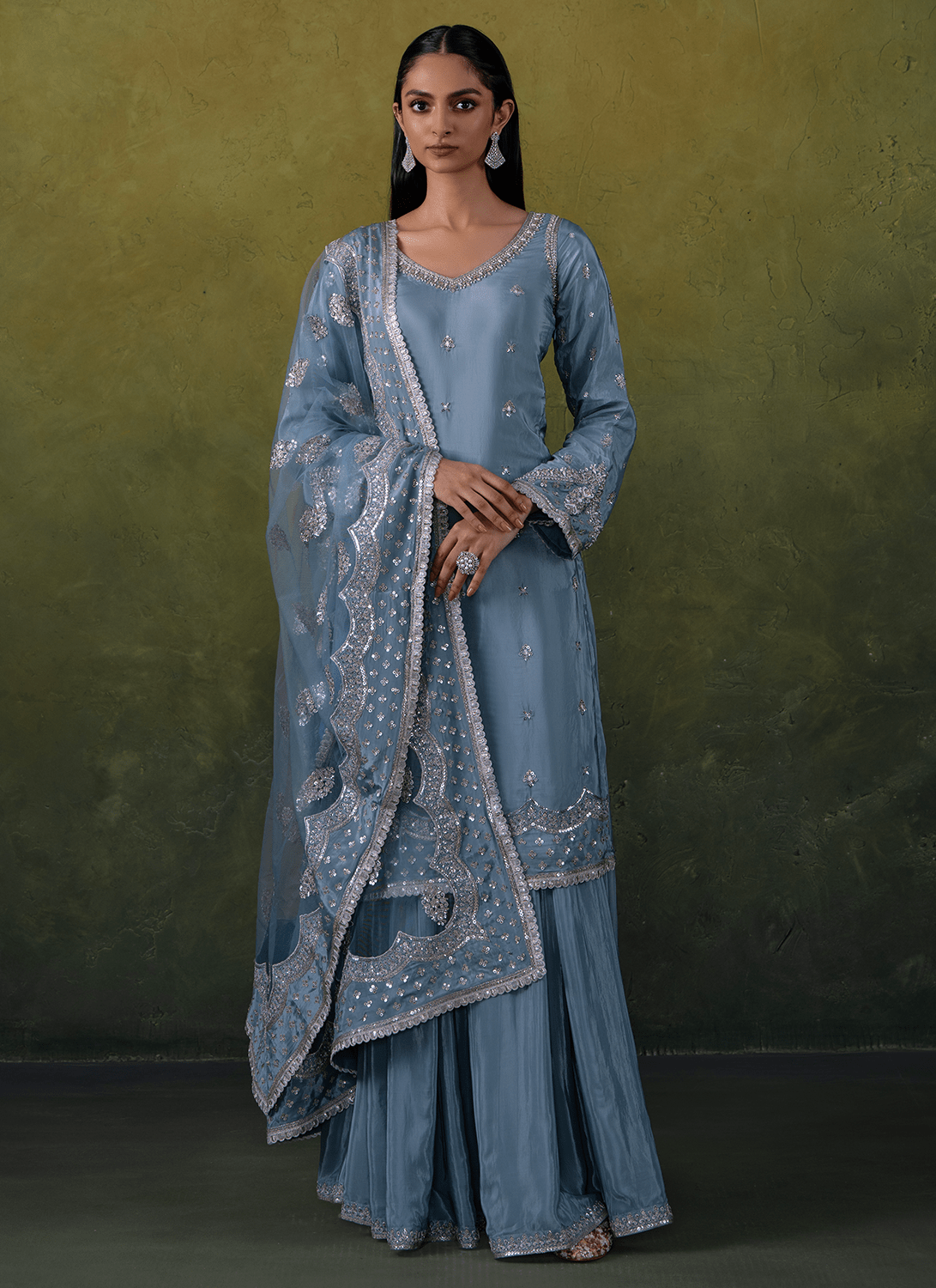 Light Blue Embroidered Crepe Sharara Suit - Lashkaraa