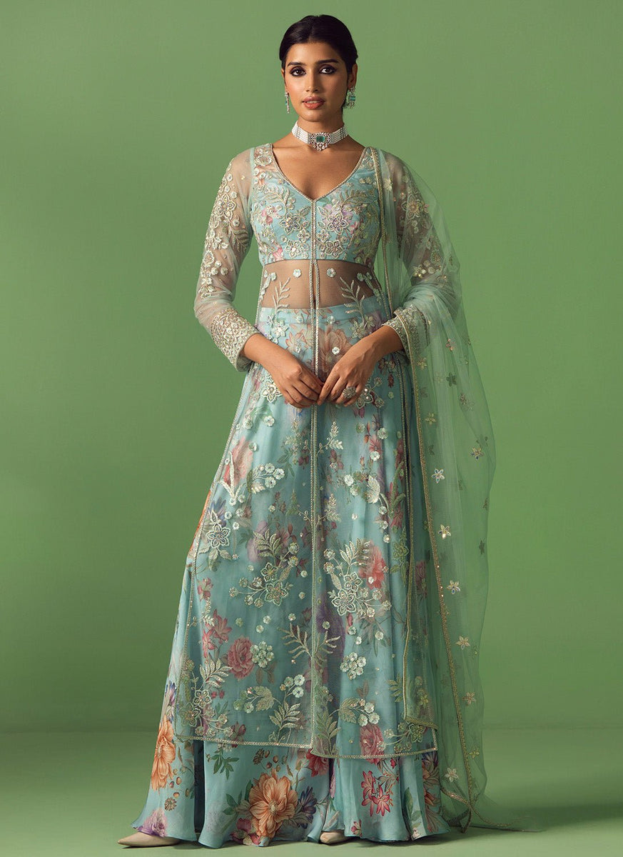 Light Blue Embroidered Net Sharara XS