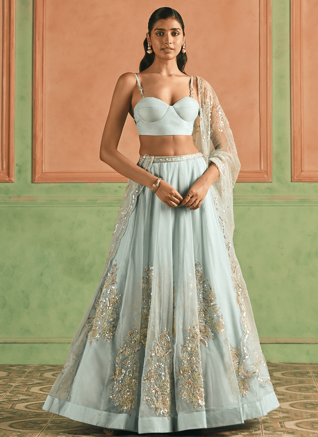 Light Blue Embroidered Organza Corset Style Lehenga - Lashkaraa