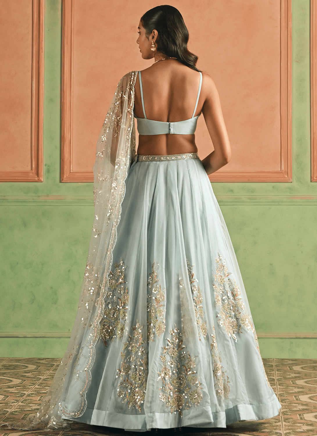 Light Blue Embroidered Organza Corset Style Lehenga - Lashkaraa