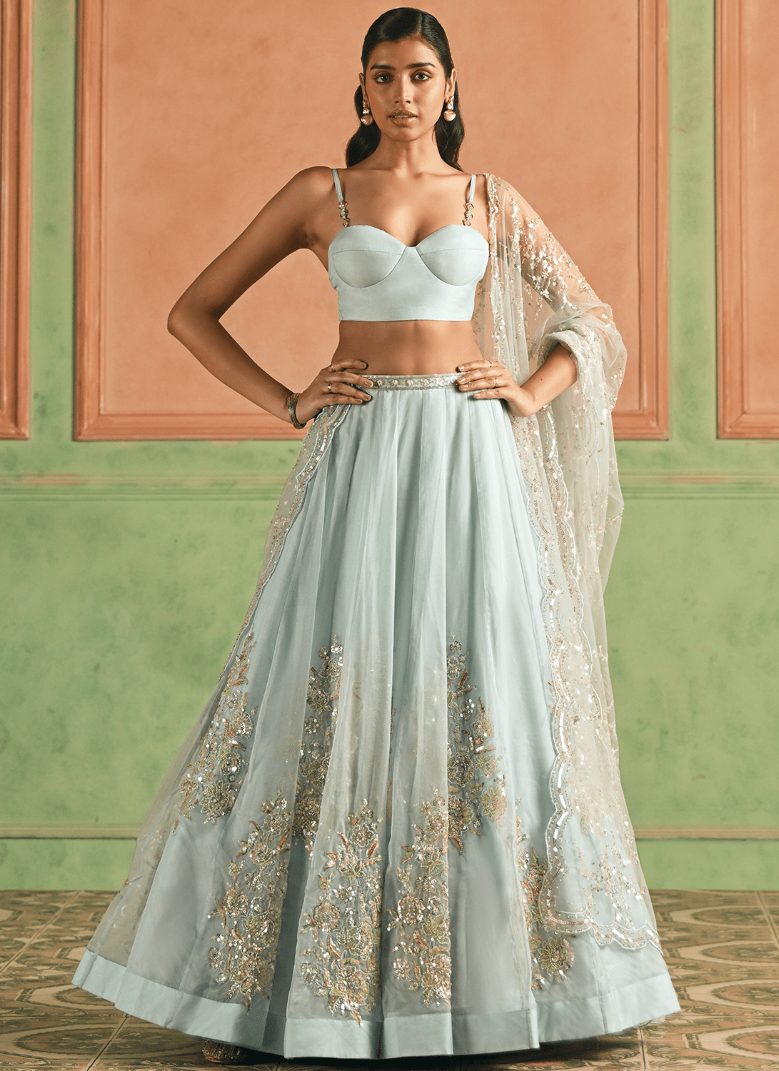 Light Blue Embroidered Organza Corset Style Lehenga - Lashkaraa
