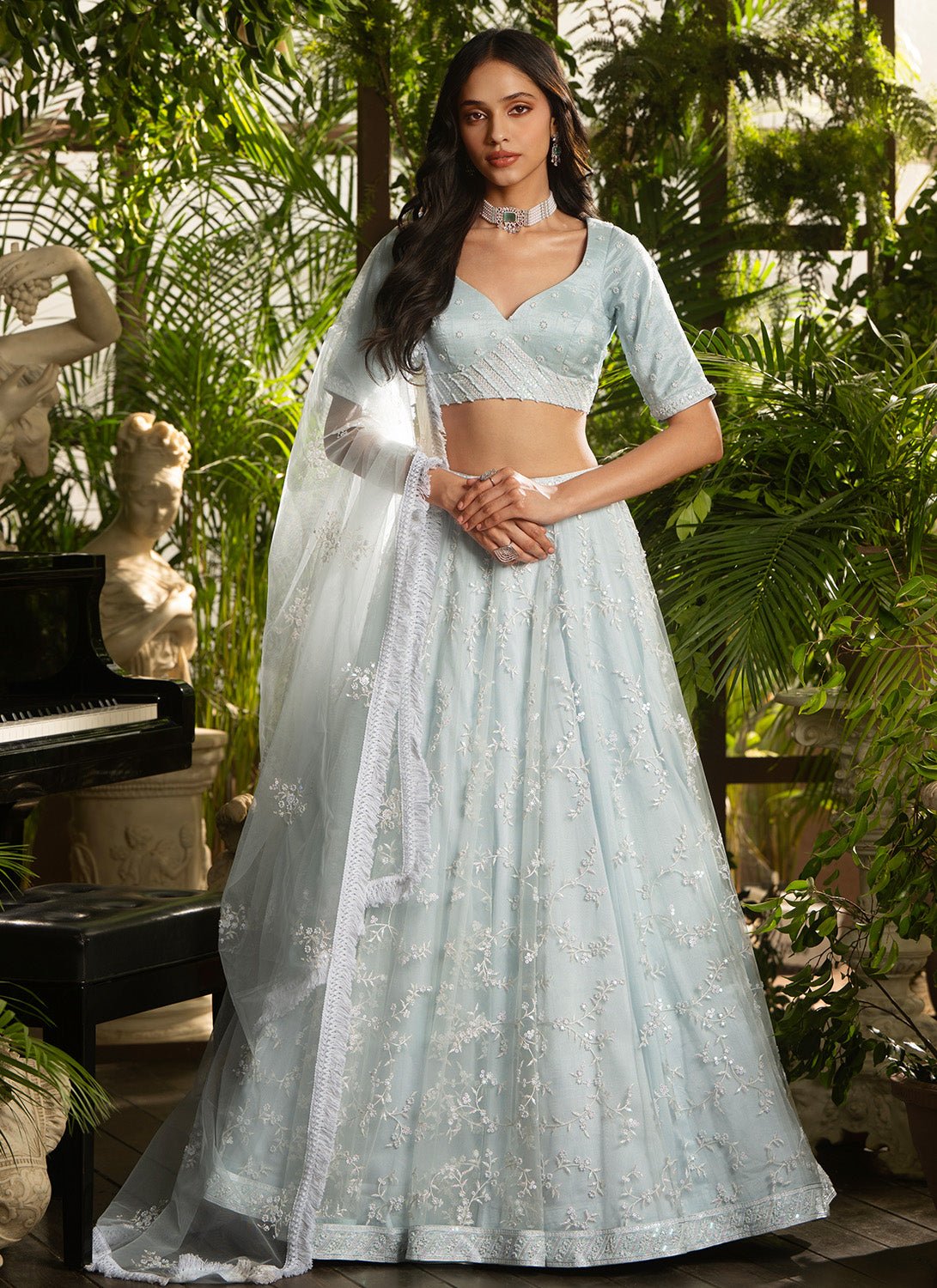 Light Blue Embroidered Pure Silk Lehenga - Lashkaraa