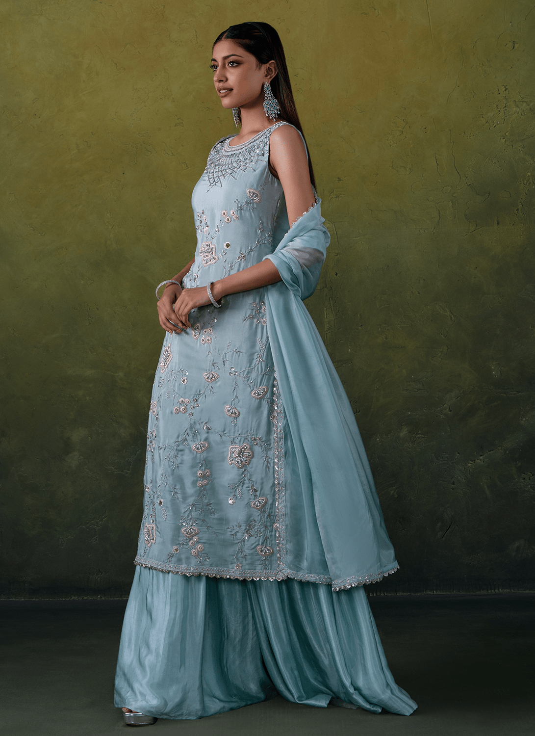 Light Blue Embroidered Silk Sharara Suit - Lashkaraa