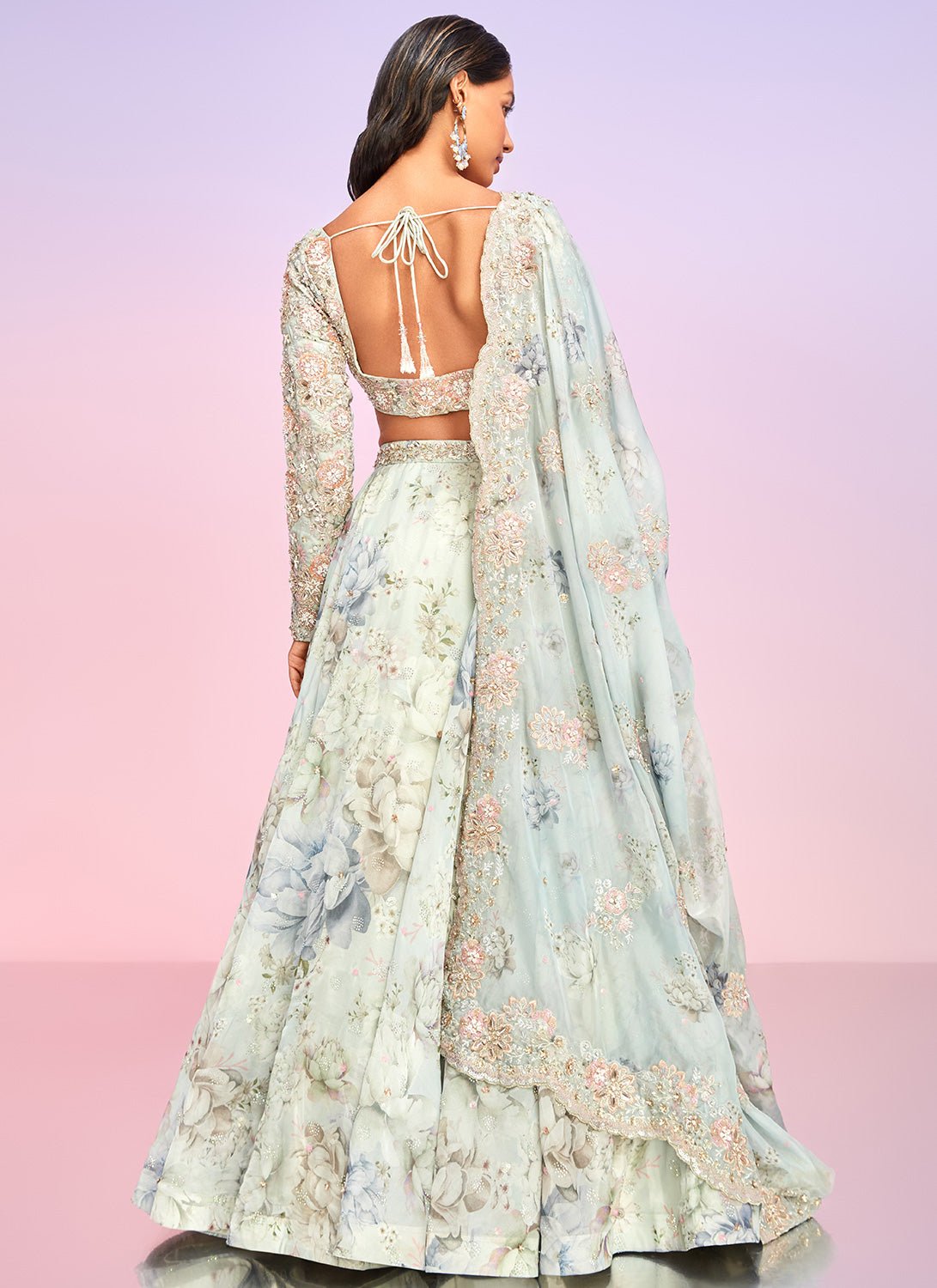 Light Blue Floral Embellished Lehenga - Lashkaraa