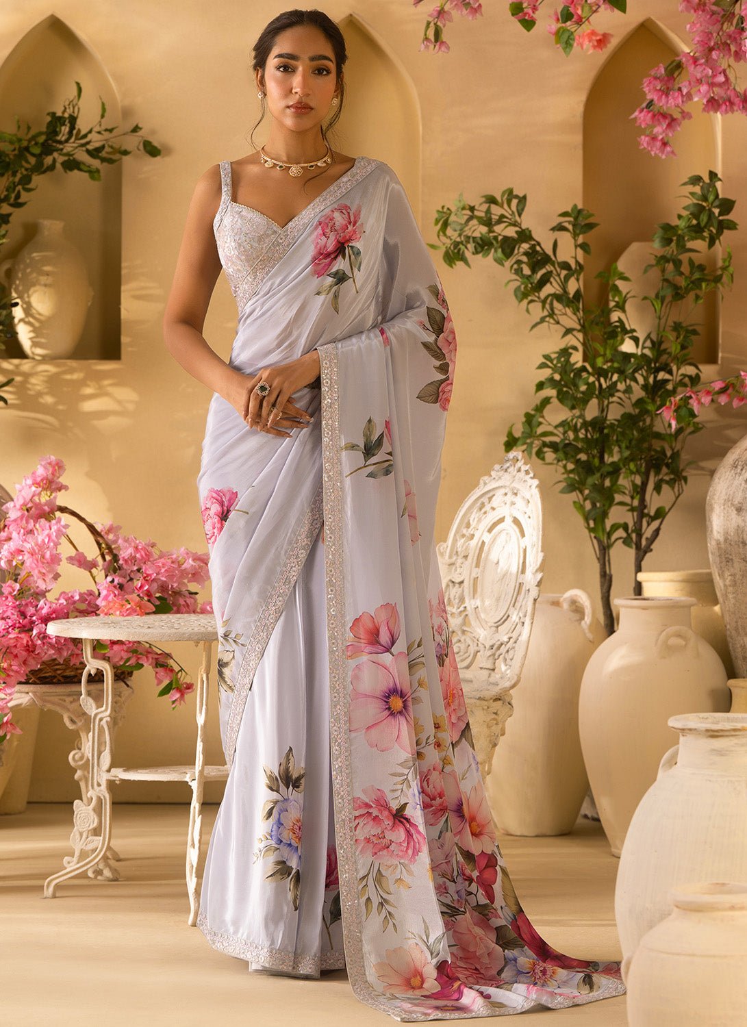 Light Blue Floral Embroidered Crepe Silk Saree - Lashkaraa