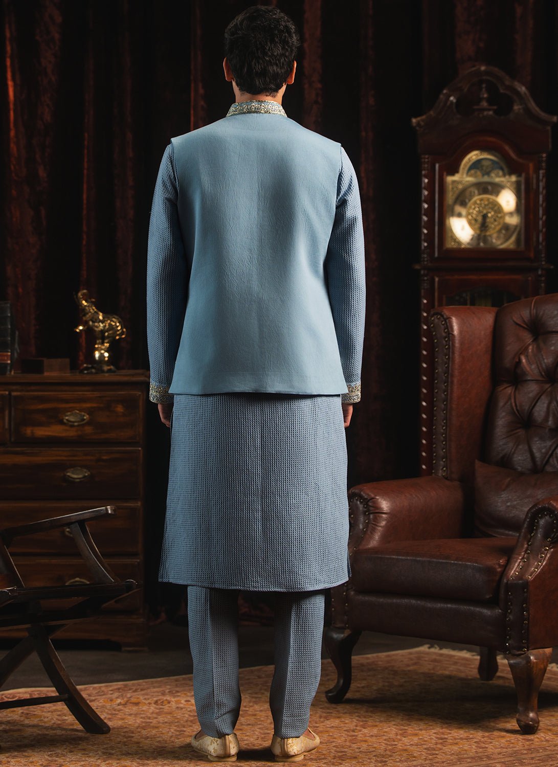 Light Blue Foil Printed Nehru Jacket Set - Lashkaraa