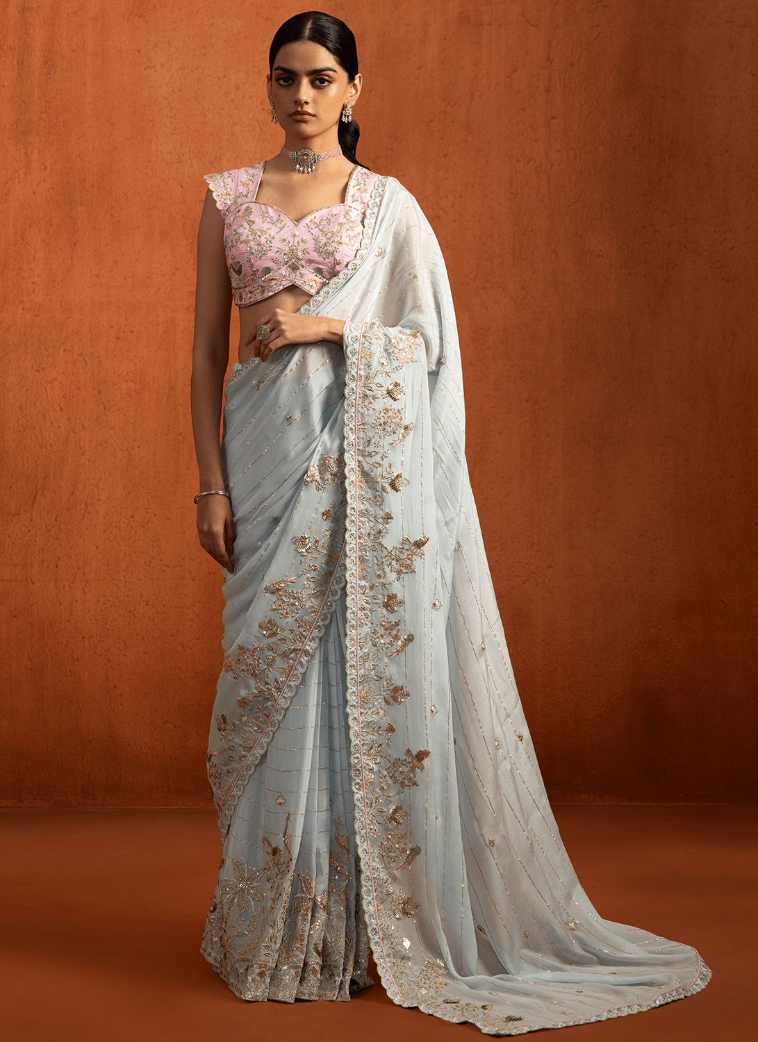 Light Blue Multicolor Embroidered Viscose Chiffon Saree - Lashkaraa