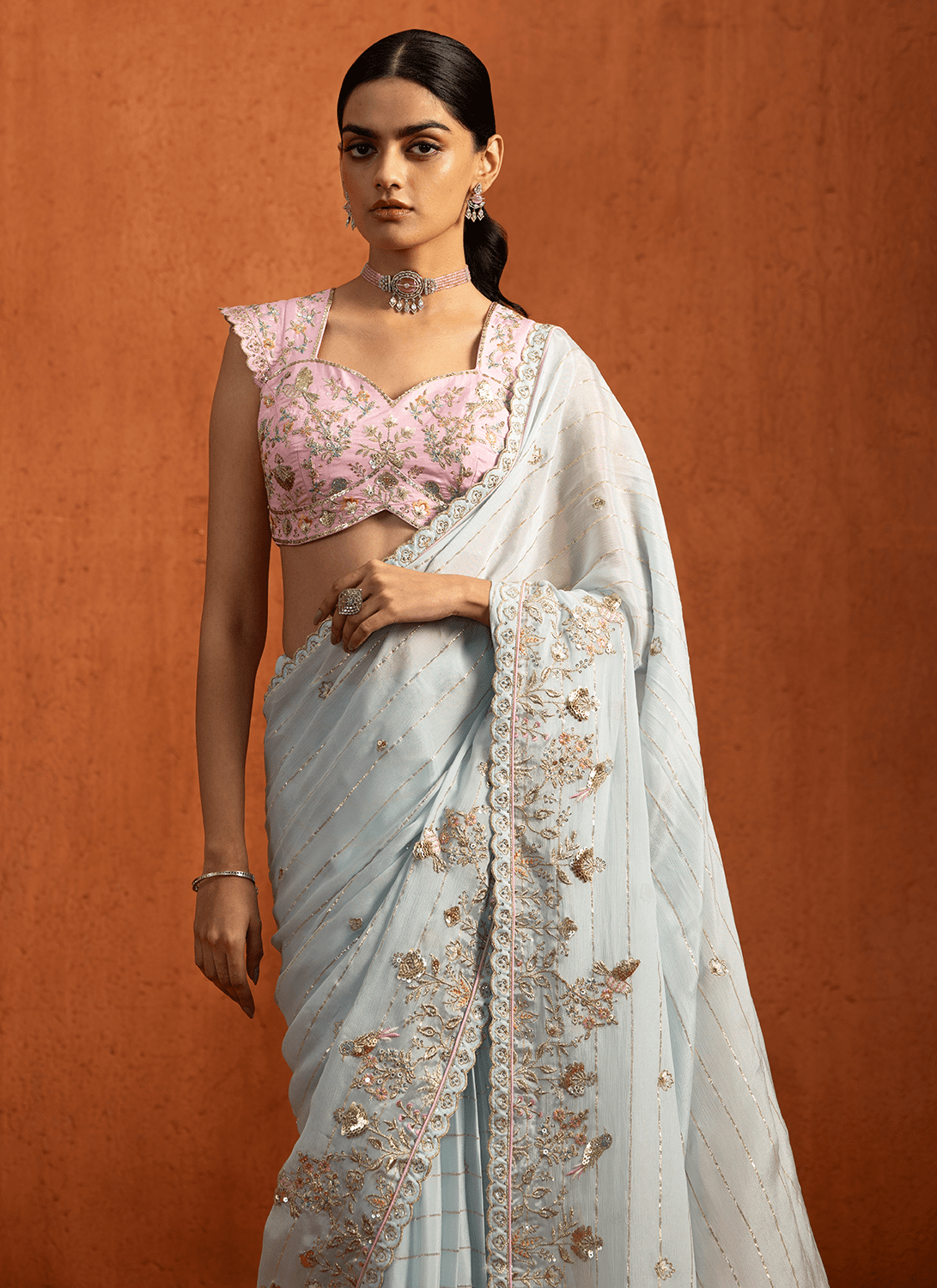 Light Blue Multicolor Embroidered Viscose Chiffon Saree - Lashkaraa