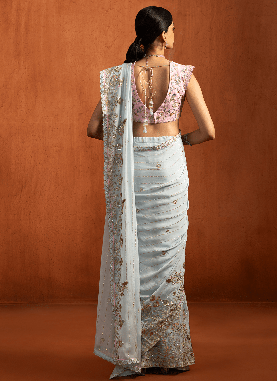 Light Blue Multicolor Embroidered Viscose Chiffon Saree - Lashkaraa