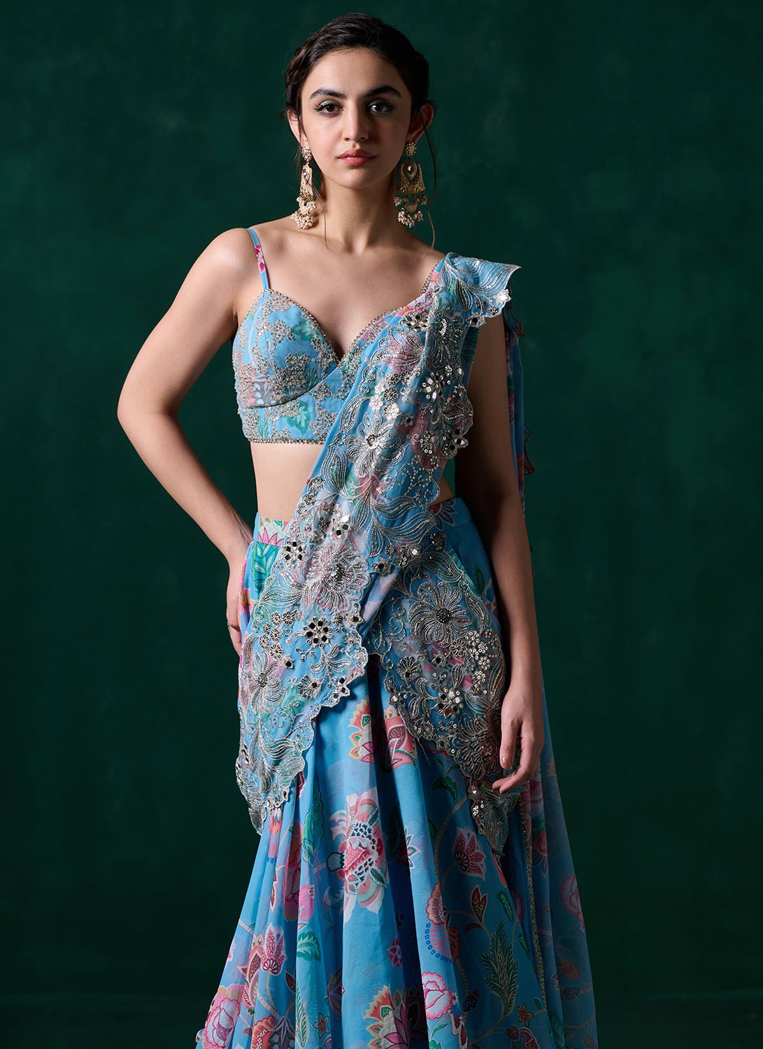 Light Blue Multicolor Floral Printed Saree - Lashkaraa