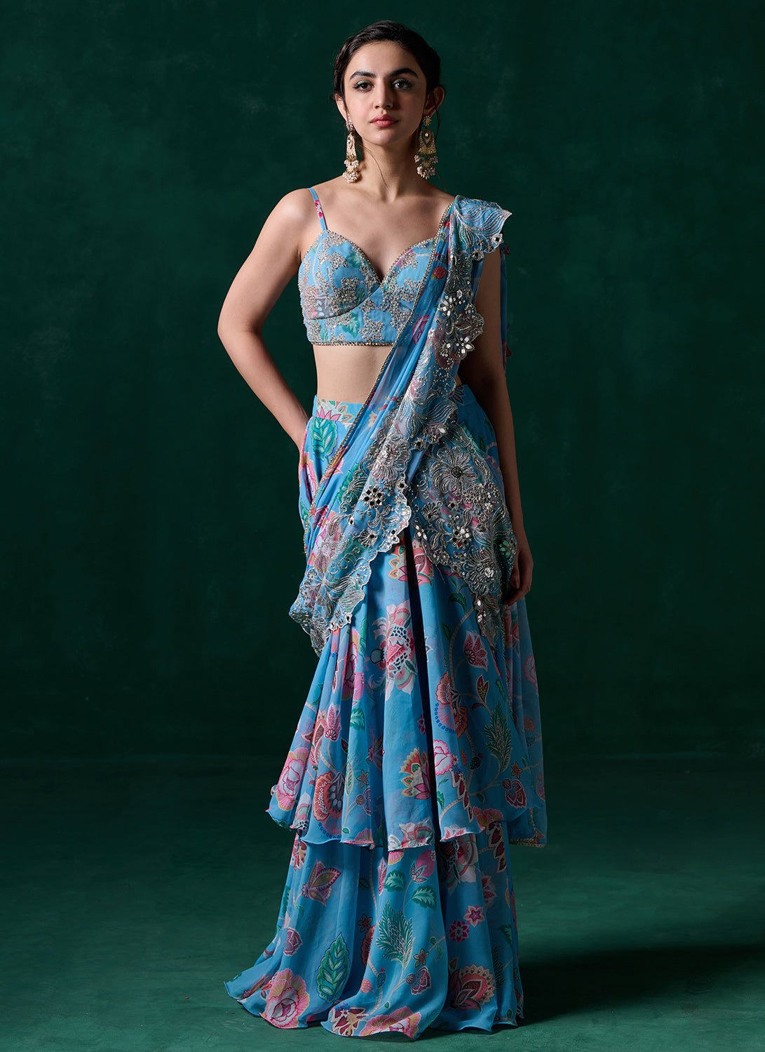 Light Blue Multicolor Floral Printed Saree - Lashkaraa