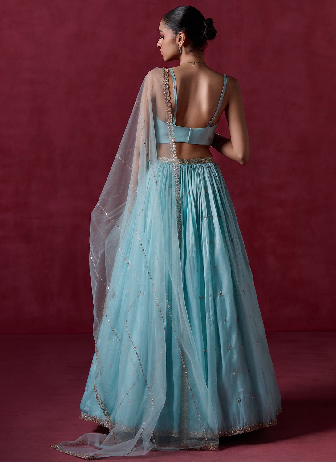 Light Dusty Blue Embroidered Organza Lehenga - Lashkaraa