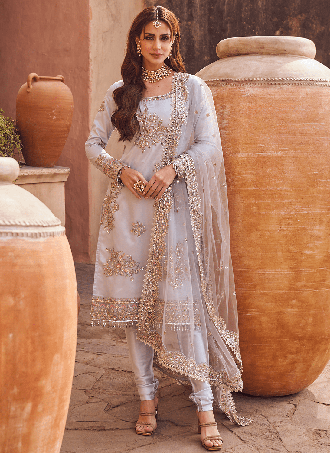 Light Dusty Bluish Grey Embroidered Straight Suit - Lashkaraa