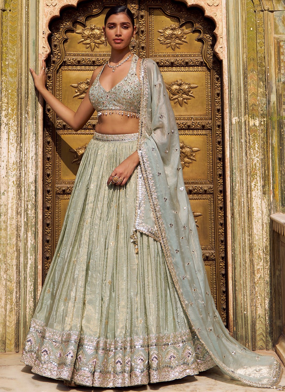 Light Dusty Green Embroidered Lehenga - Lashkaraa