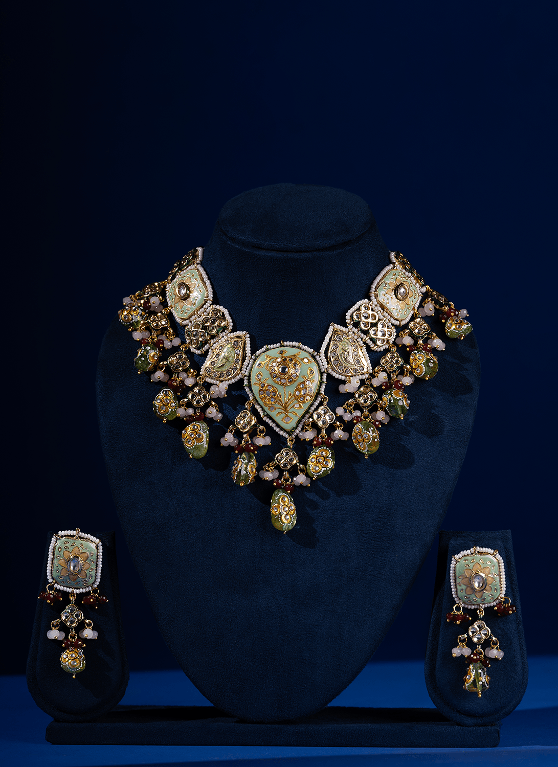 Light Green and Ruby Meenakari Necklace Set - Lashkaraa