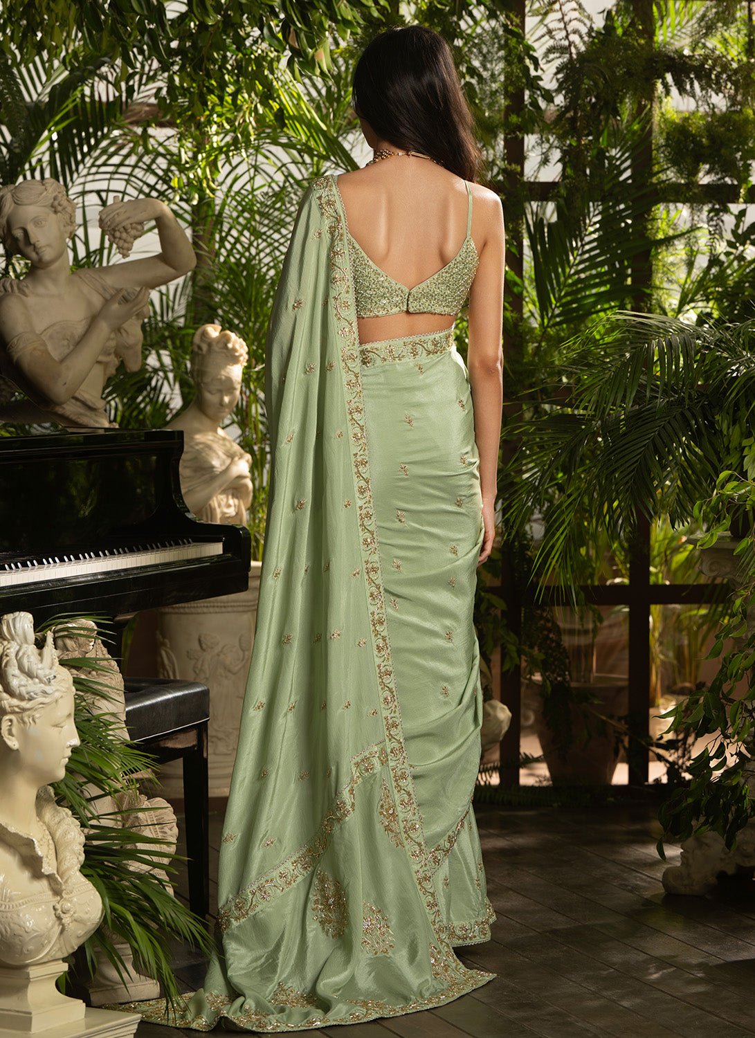 Light Green Embroidered Crepe Saree - Lashkaraa
