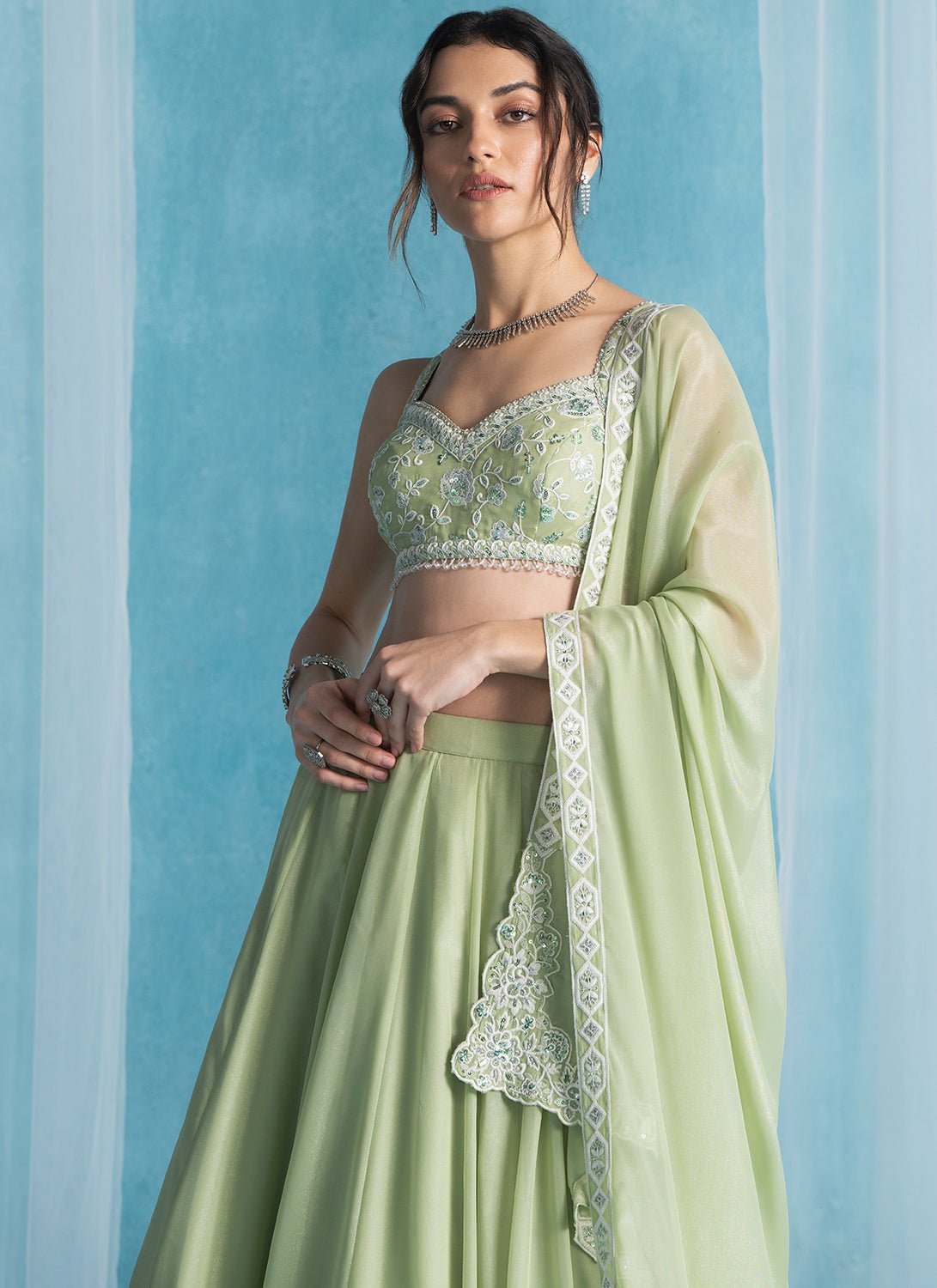 Light Green Embroidered Georgette Lehenga - Lashkaraa