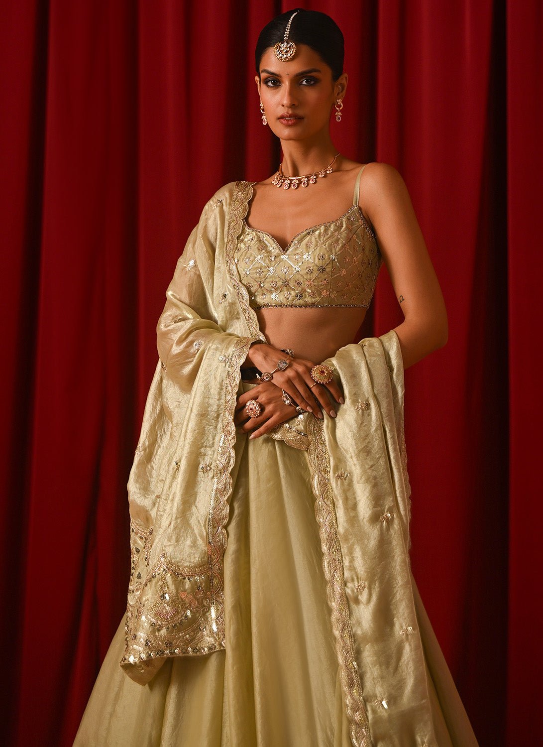 Light Green Embroidered Tissue Lehenga - Lashkaraa