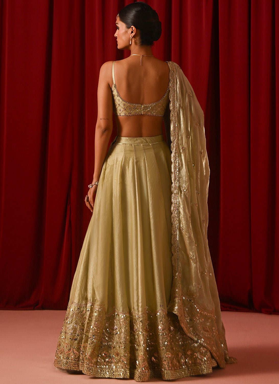 Light Green Embroidered Tissue Lehenga - Lashkaraa