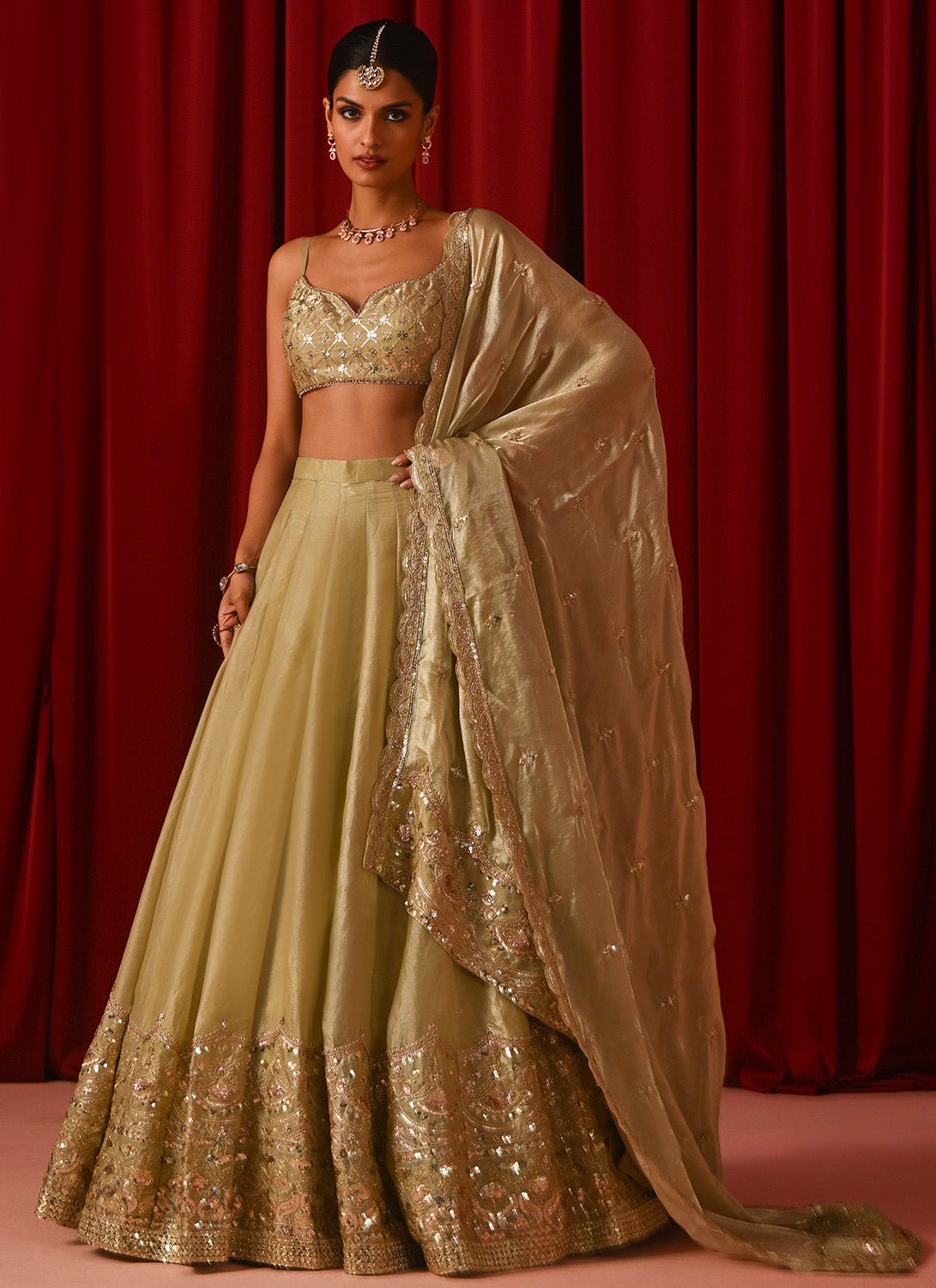 Light Green Embroidered Tissue Lehenga - Lashkaraa