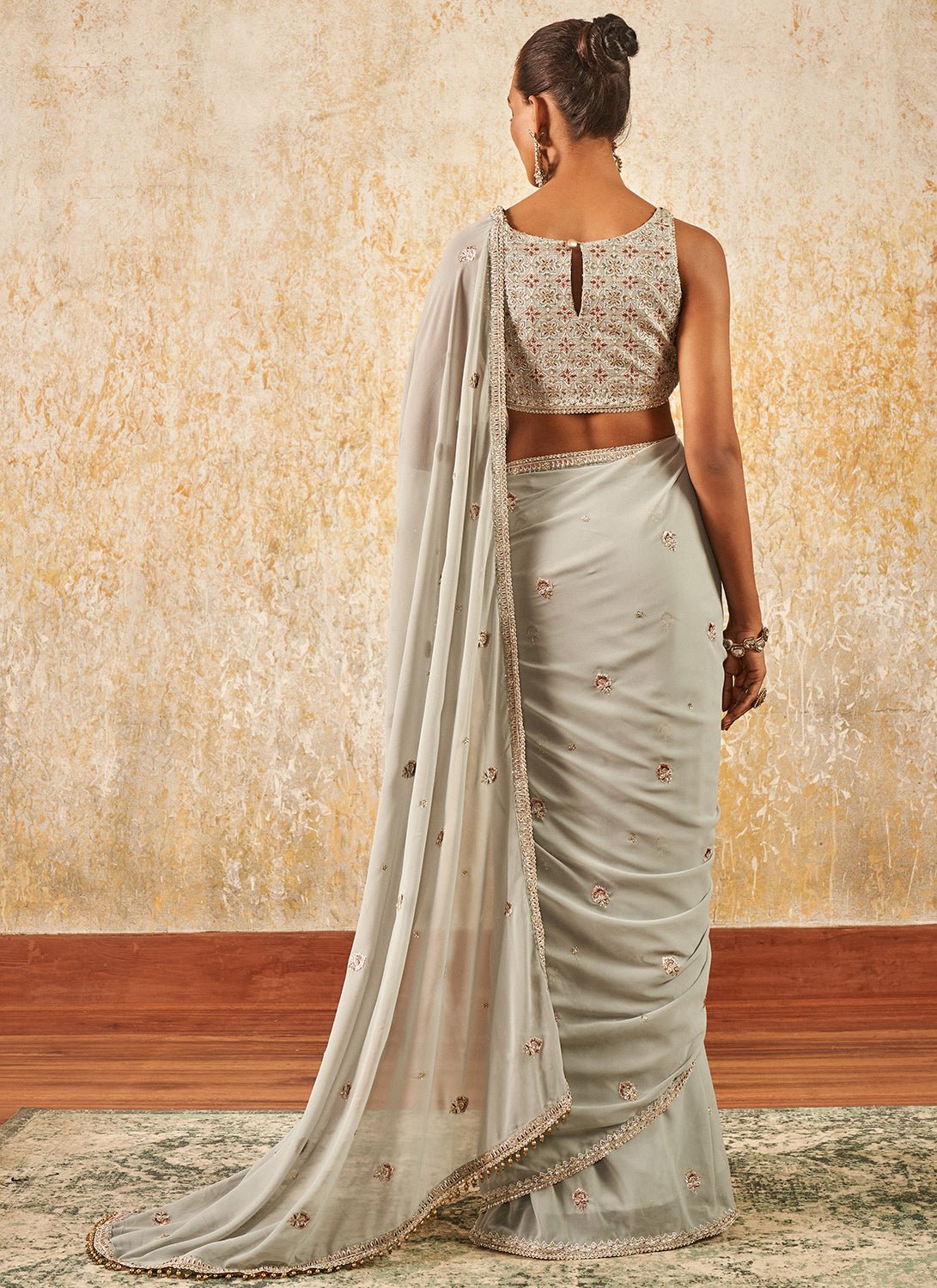 Light Grey Embroidered Saree - Lashkaraa