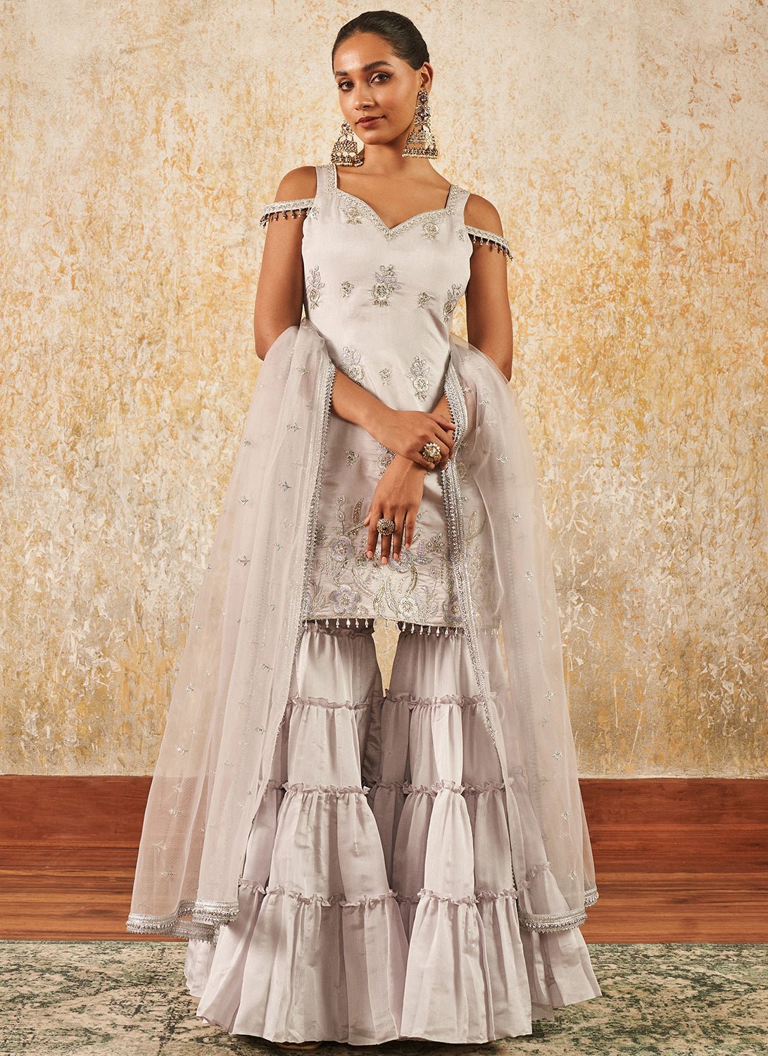 Light Grey Embroidered Sharara Suit - Lashkaraa