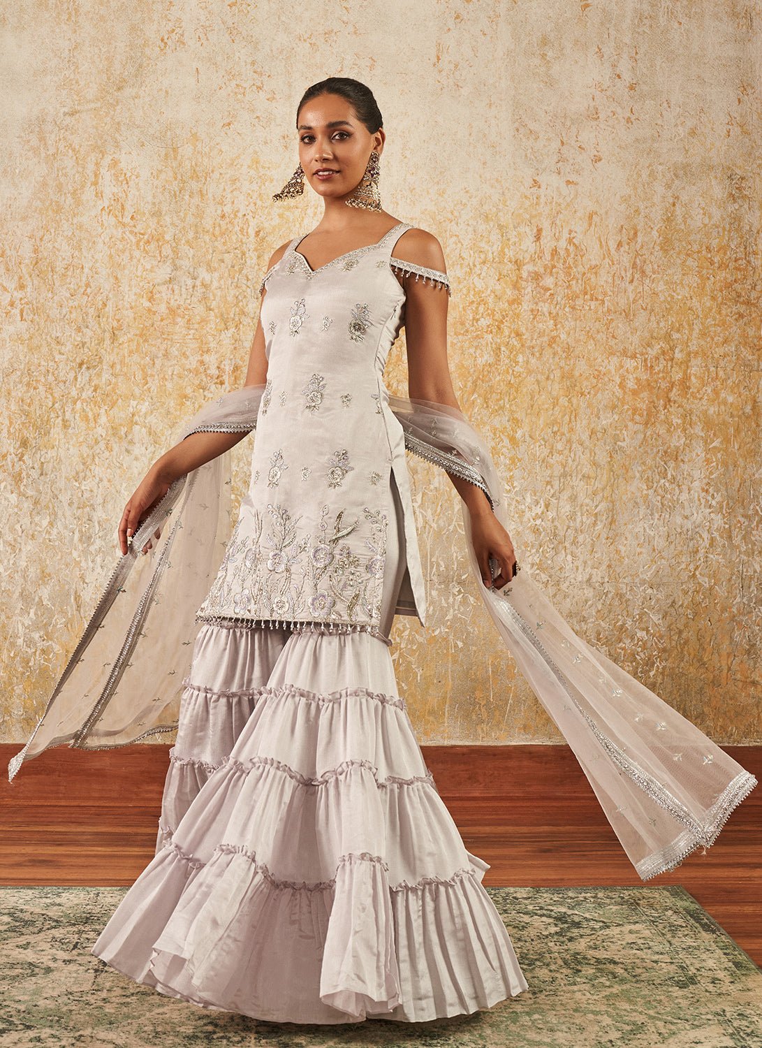 Light Grey Embroidered Sharara Suit - Lashkaraa
