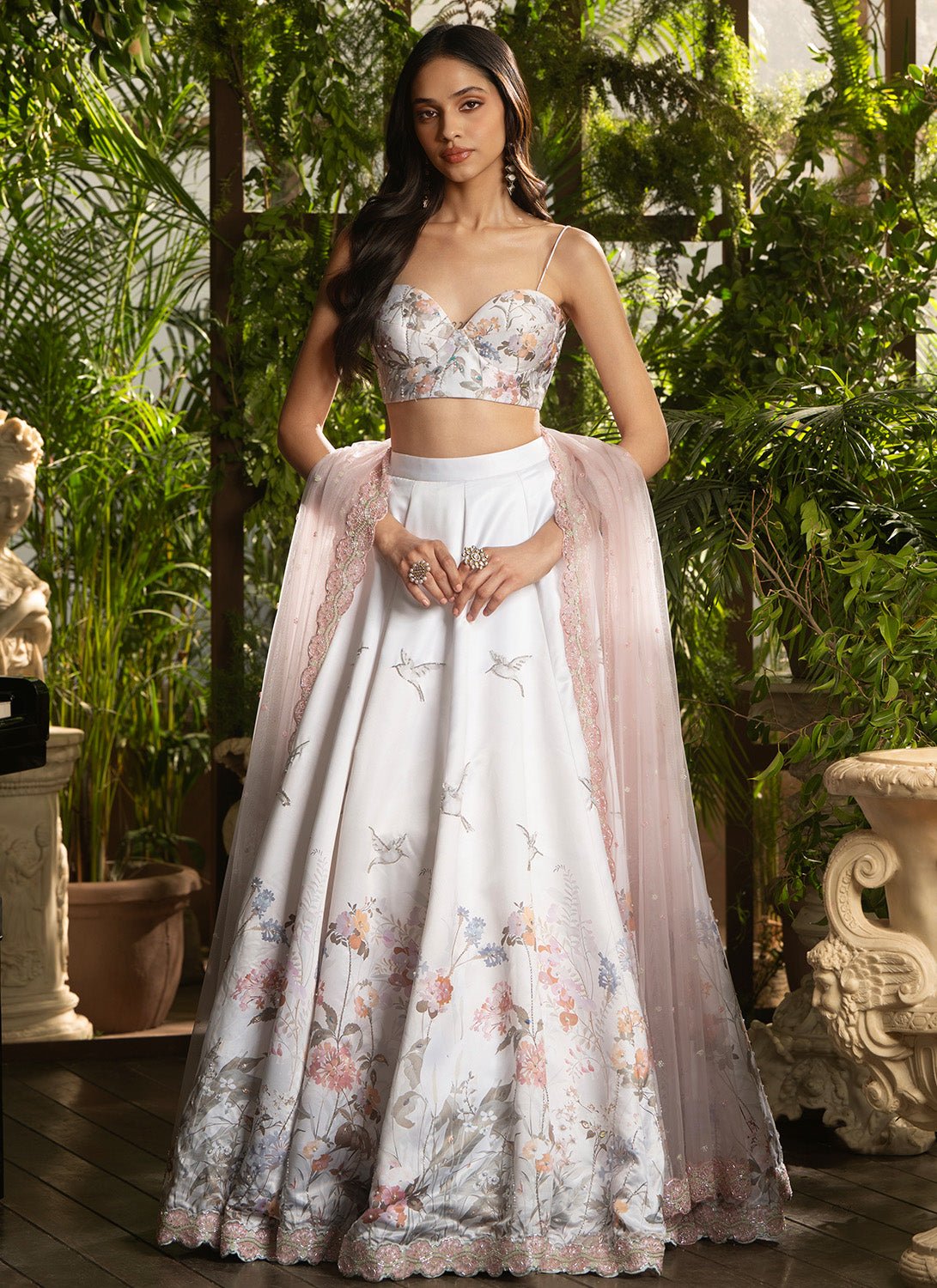 Light Grey Floral Embroidered Satin Lehenga - Lashkaraa