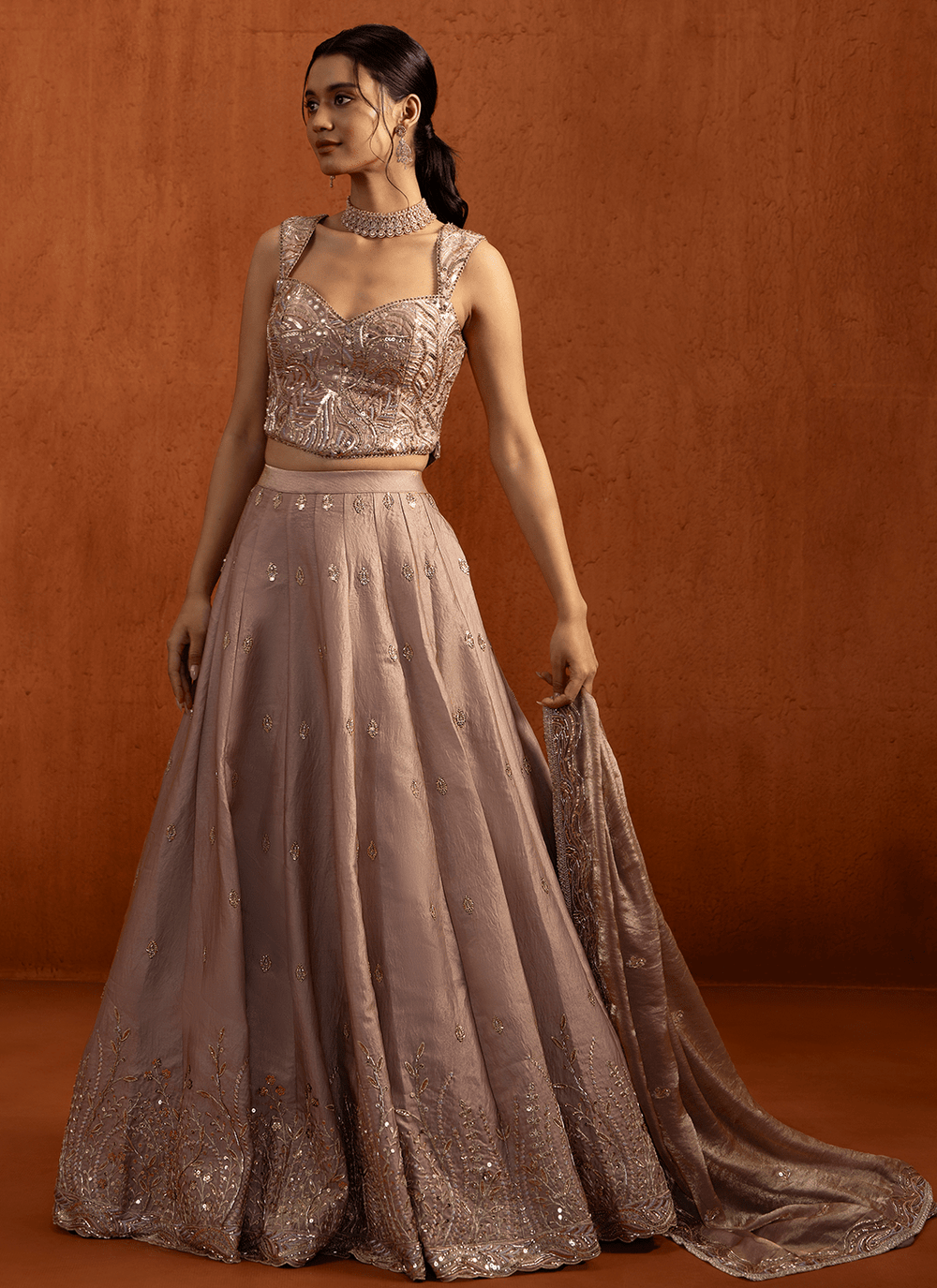 Light Lengha Light Mauve Embroidered Satin Lehenga