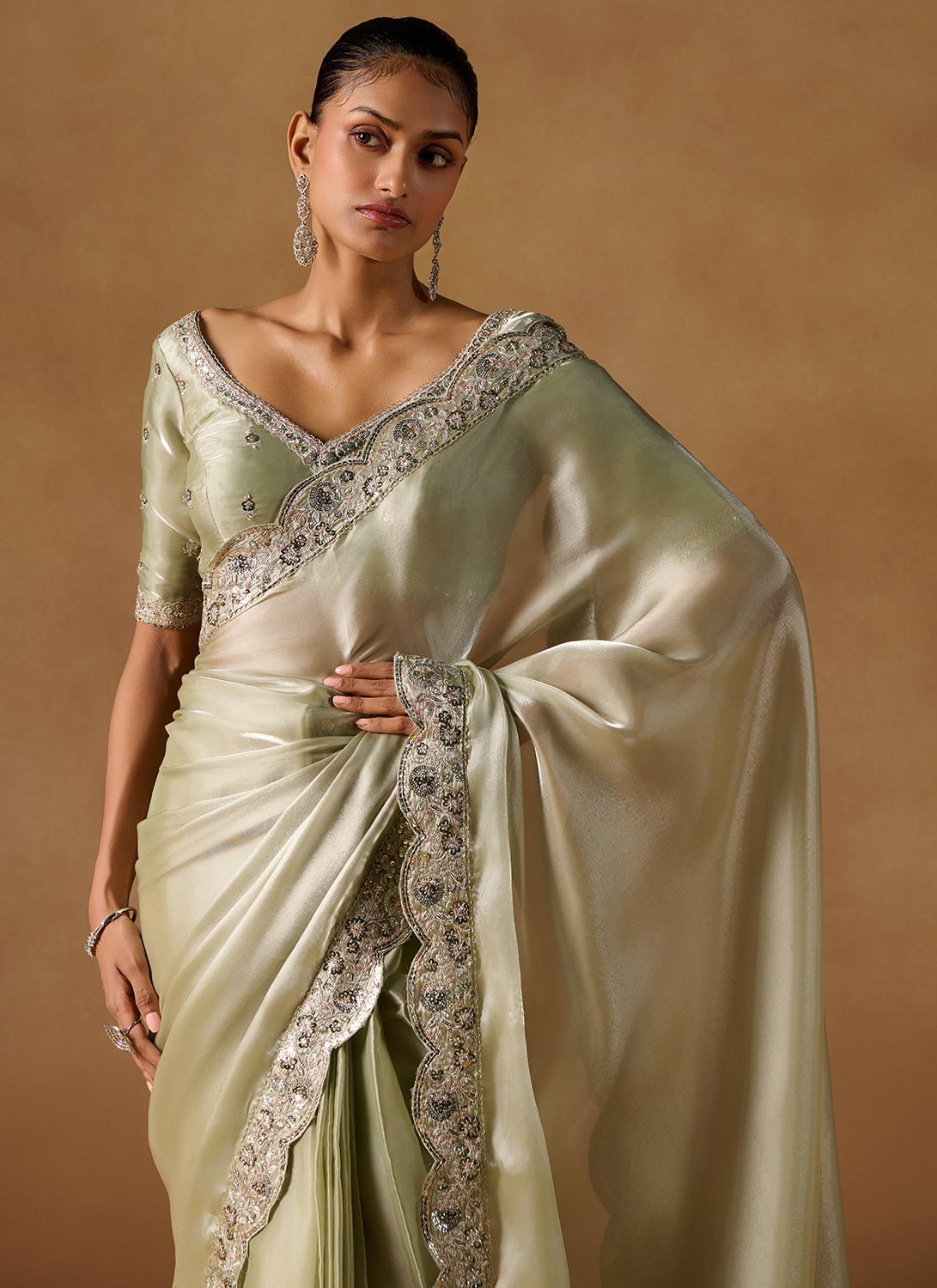 Light Olive Embroidered Tissue Saree - Lashkaraa