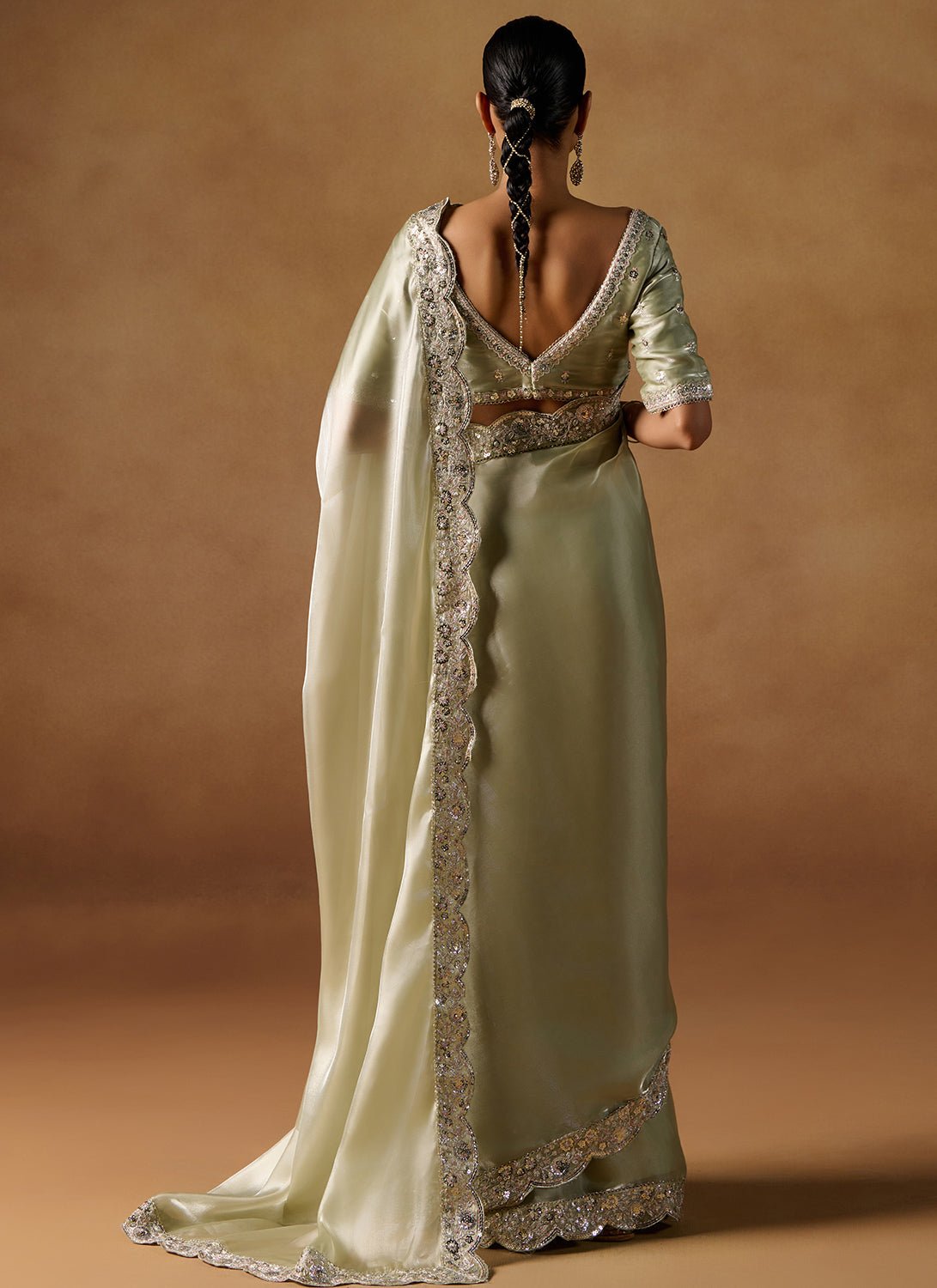 Light Olive Embroidered Tissue Saree - Lashkaraa