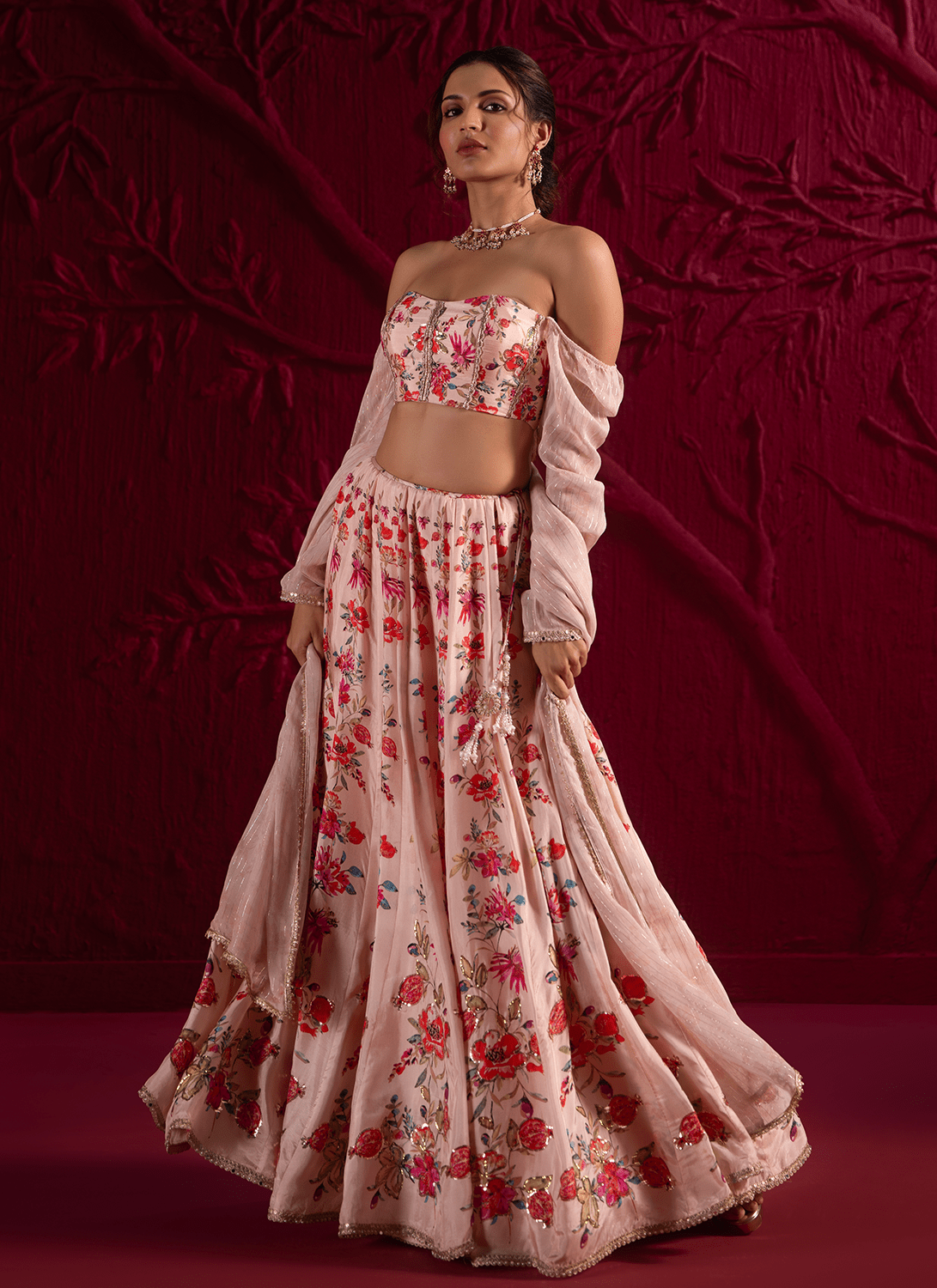 Light Peach Floral Embroidered Crepe Silk Lehenga - Lashkaraa