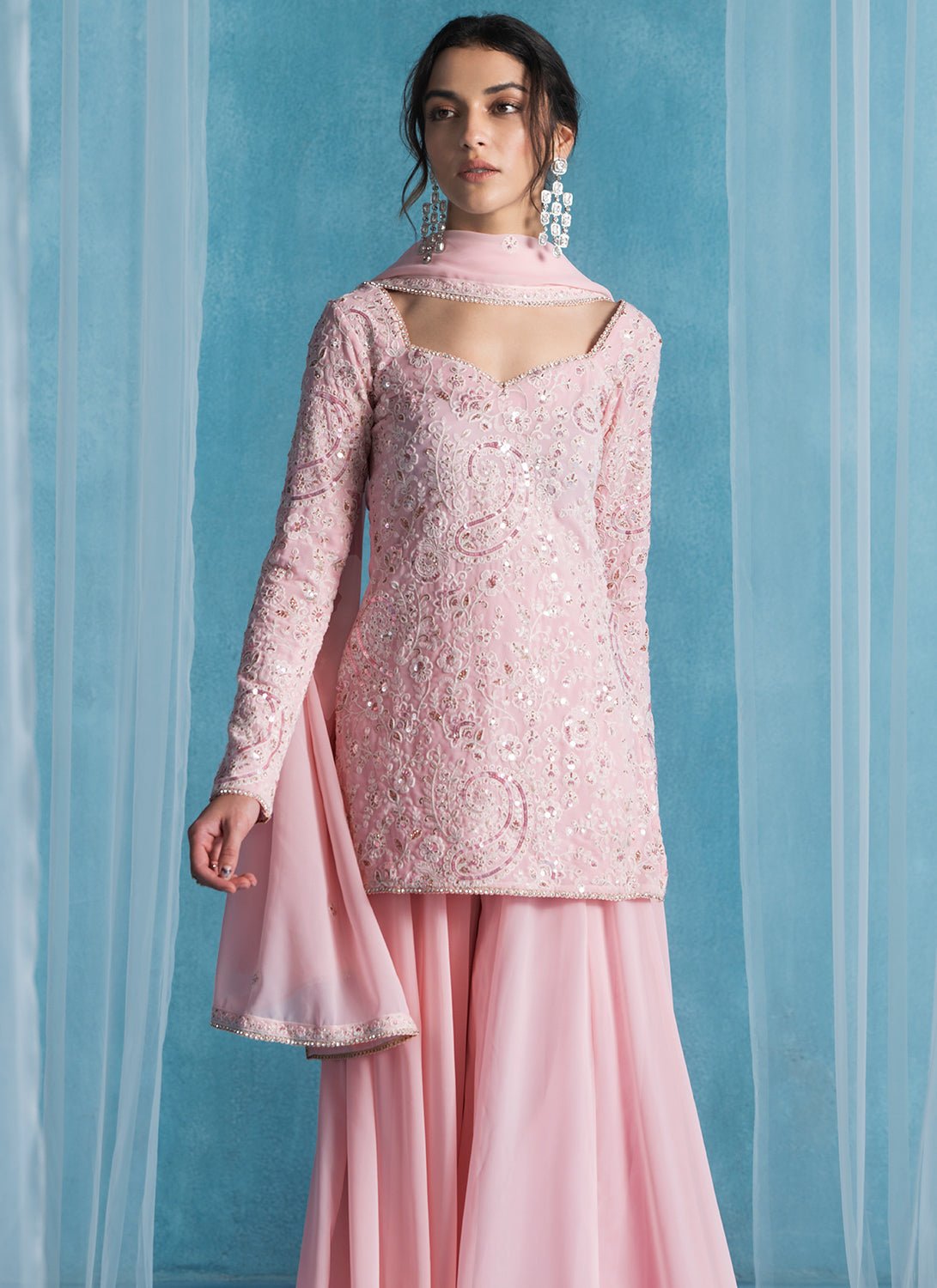 Light Pink Embroidered Lucknowi Sharara Suit Unstitched