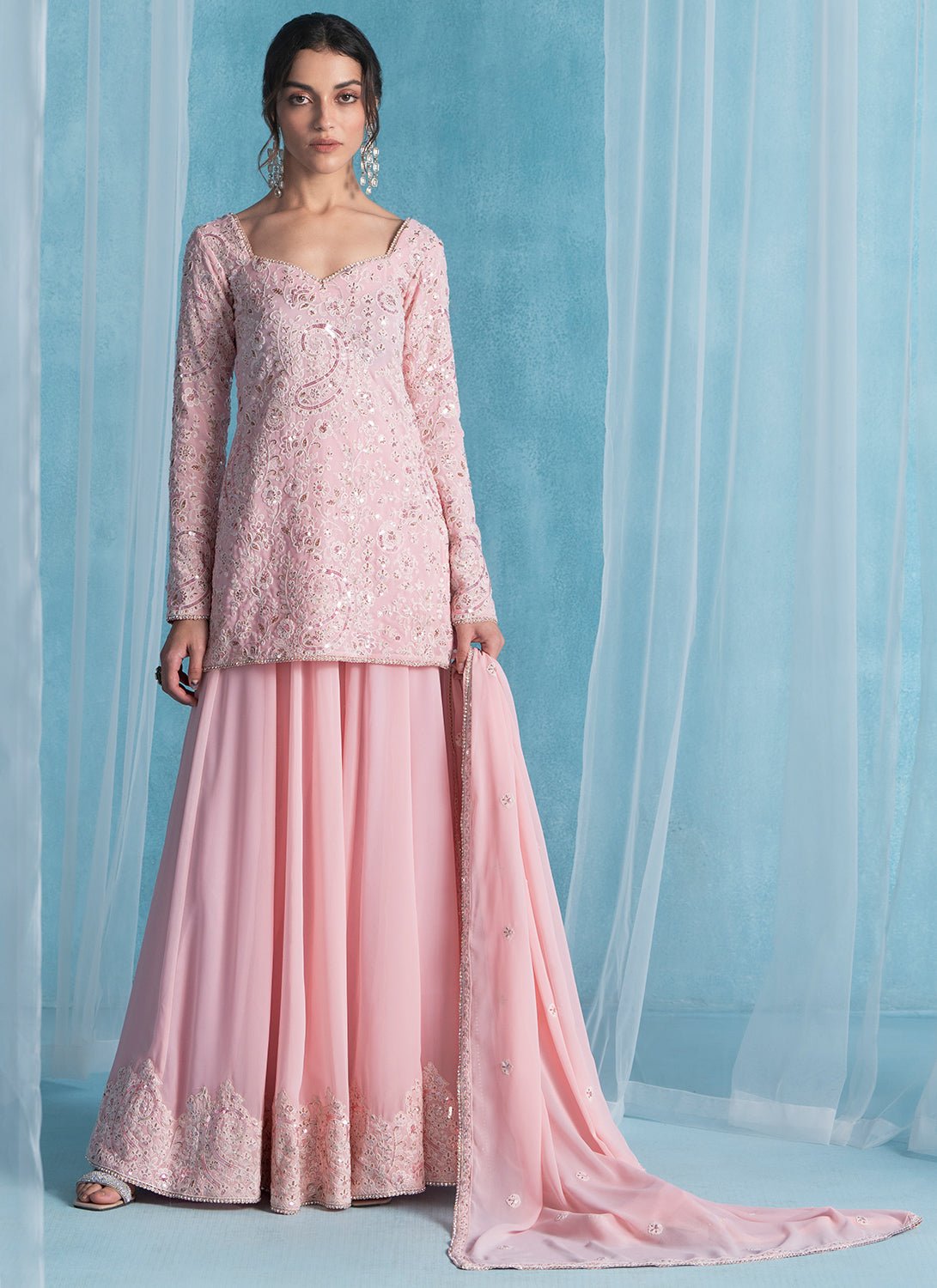 Light Pink Embroidered Lucknowi Sharara Suit Unstitched