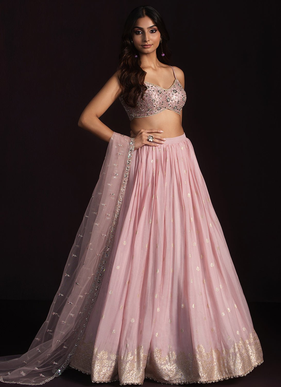 Light Pink Embroidered Net Lehenga - Lashkaraa