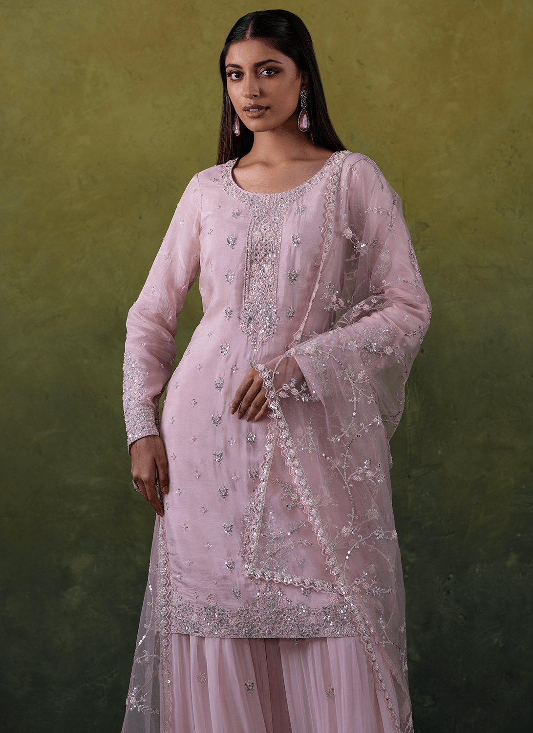 Light Pink Embroidered Organza Sharara Suit - Lashkaraa