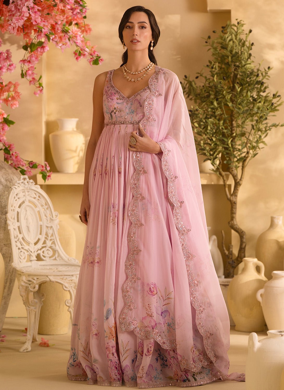 rose gold birthday dress Shop Light Green Long Georgette and Silk Chanderi Anarkali With Skirt And  Dupatta Online in USA – Pure Elegance main image 1