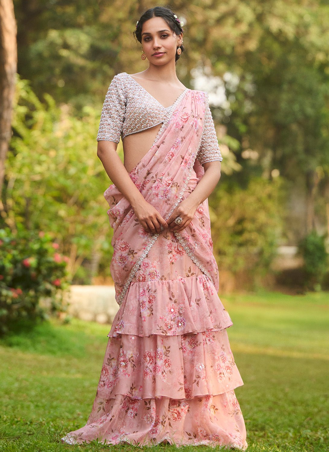 Light Pink Floral Embroidered Ruffled Saree - Lashkaraa