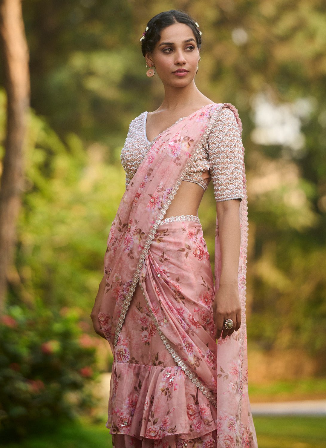Light Pink Floral Embroidered Ruffled Saree - Lashkaraa