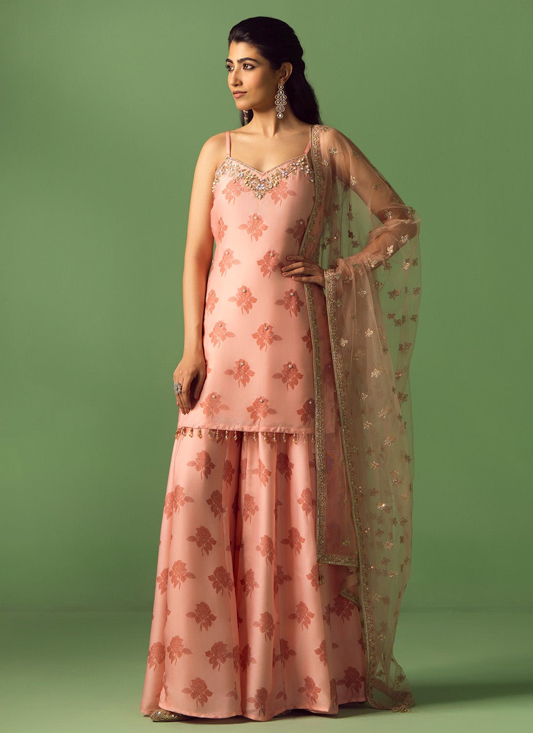 Light Pink Printed Satin Georgette Sharara - Lashkaraa
