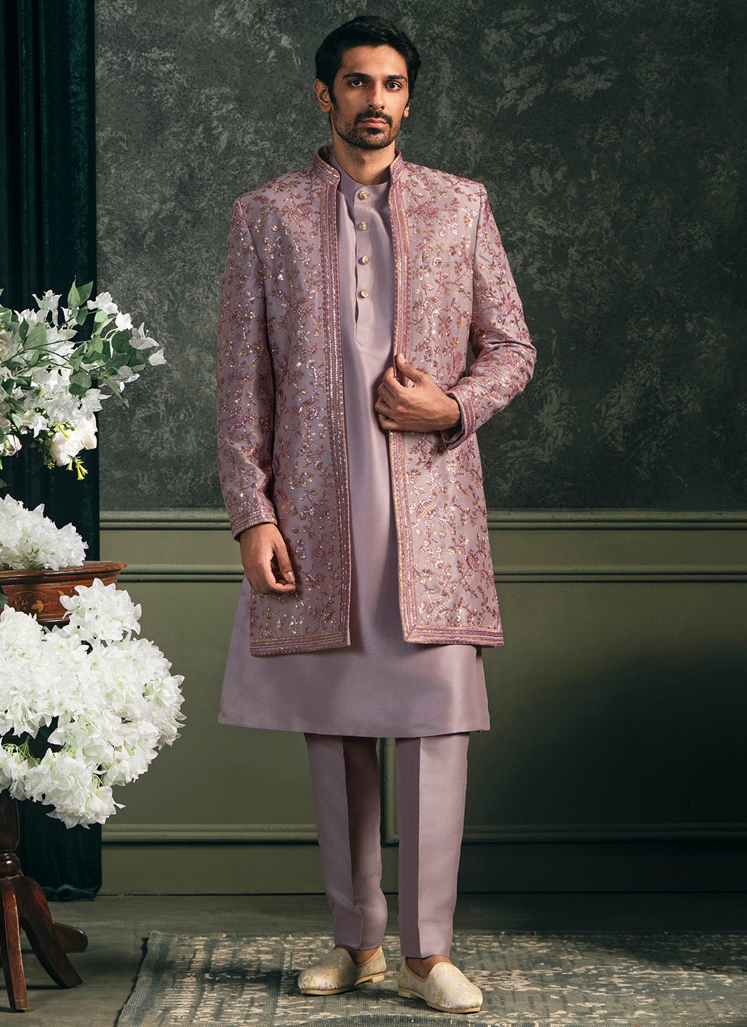 Light Purple Embroidered Silk Sherwani Set - Lashkaraa