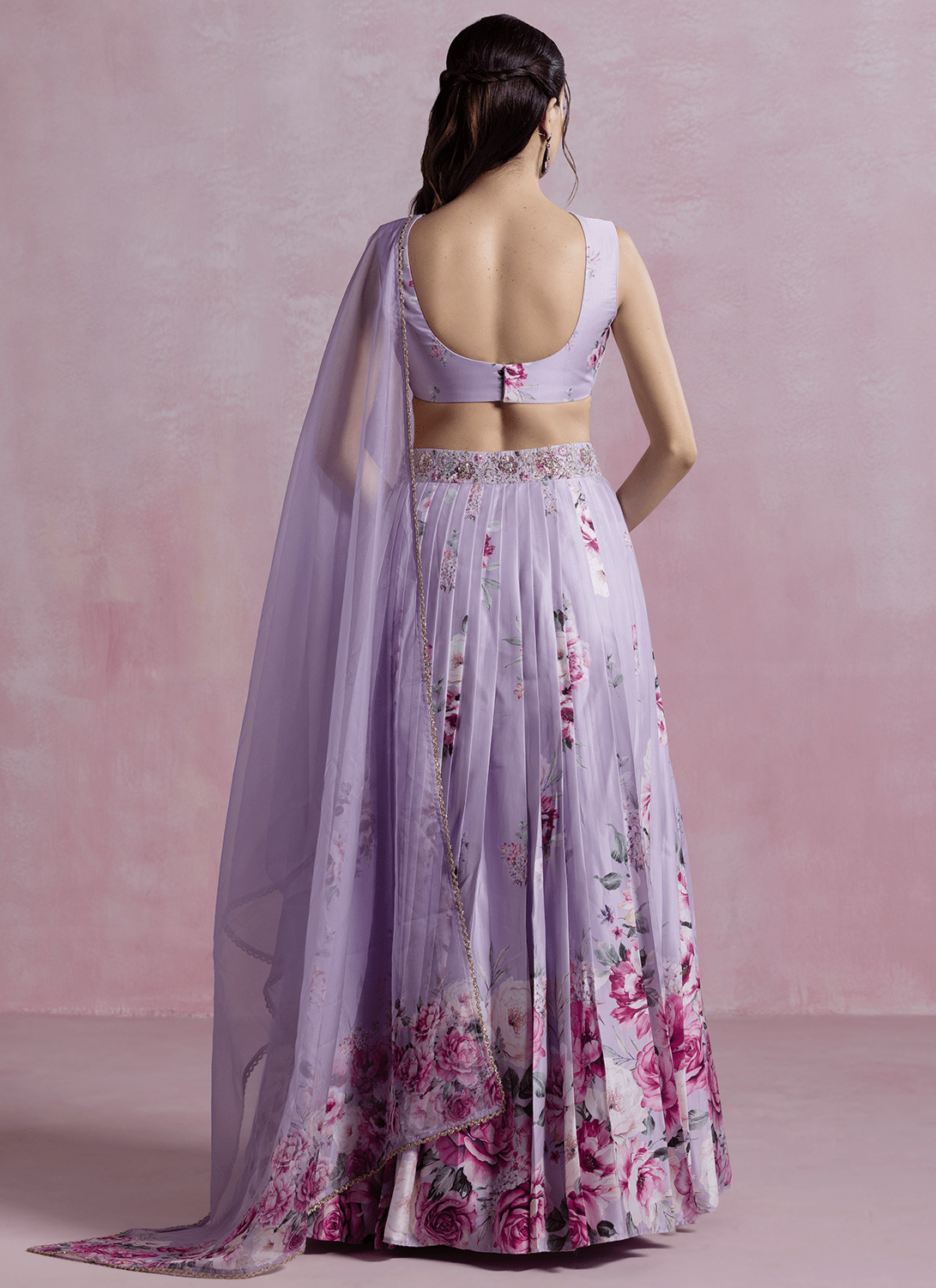 Light Purple Floral Printed Modal Satin Lehenga - Lashkaraa