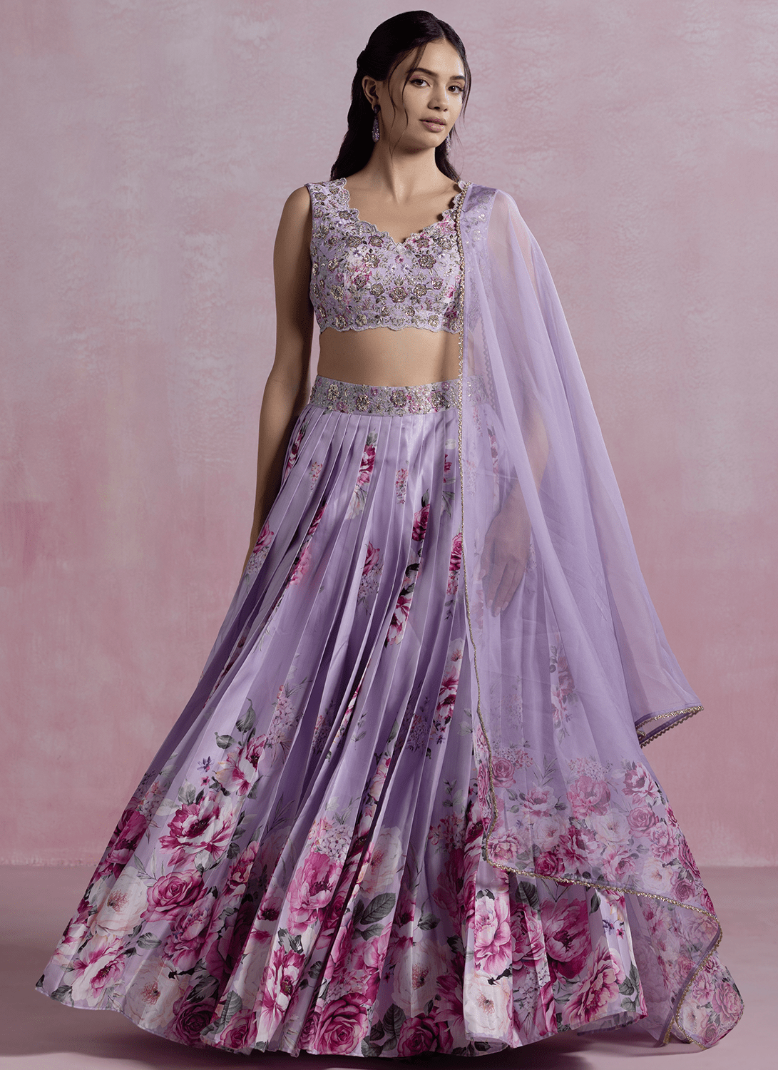 Light Purple Floral Printed Modal Satin Lehenga - Lashkaraa