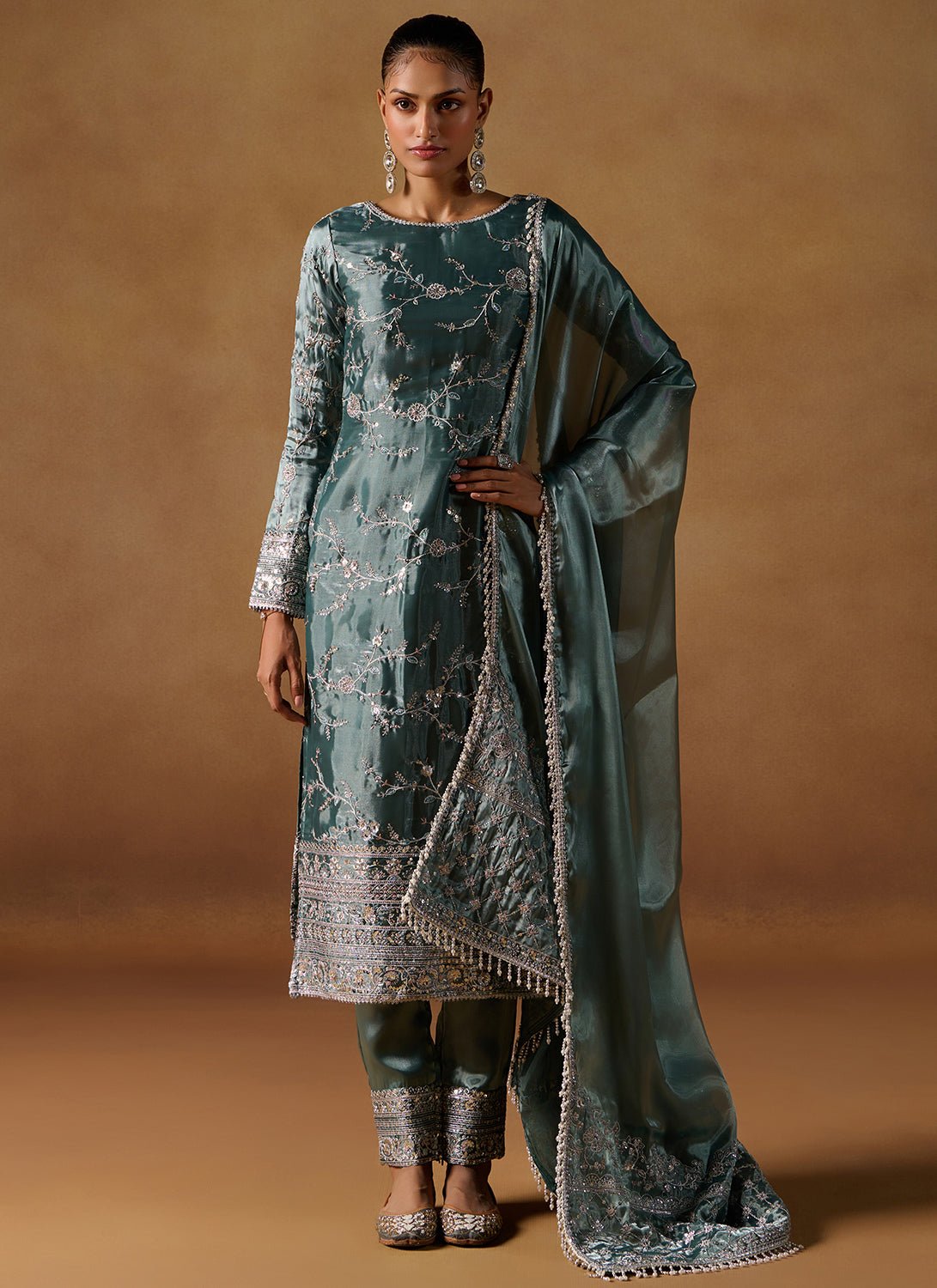 Light Teal Embroidered Tissue Straight Suit - Lashkaraa