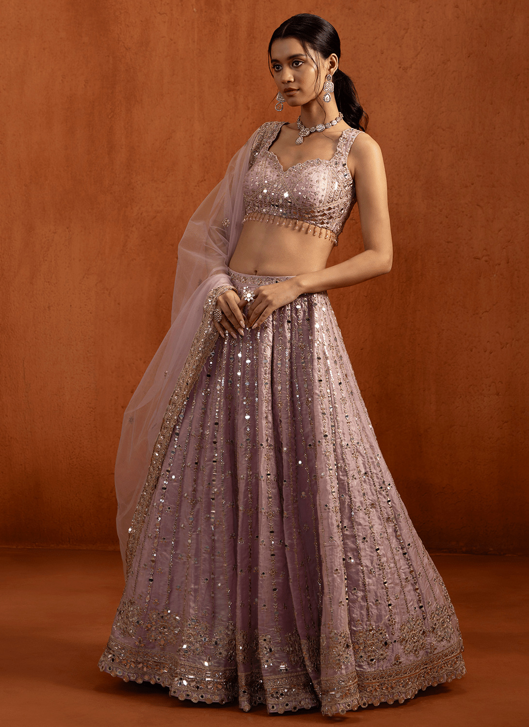 Lilac Embroidered Satin Lehenga - Lashkaraa