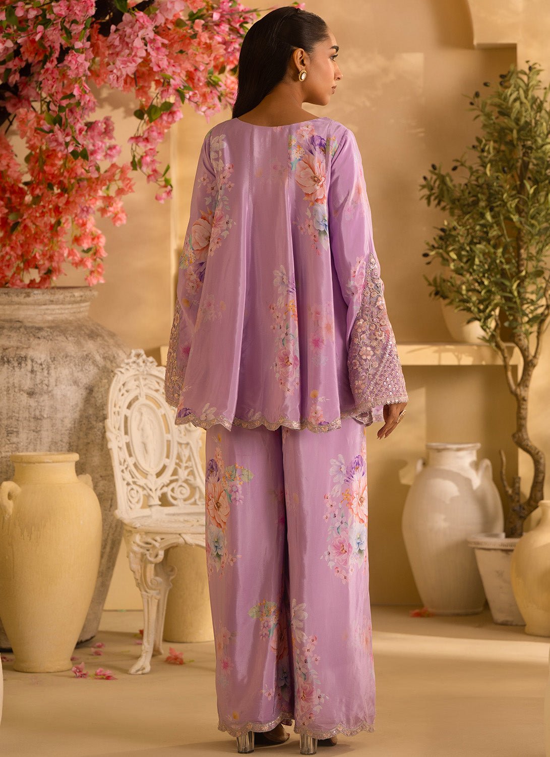 Lilac Floral Embroidered Crepe Silk Set - Lashkaraa