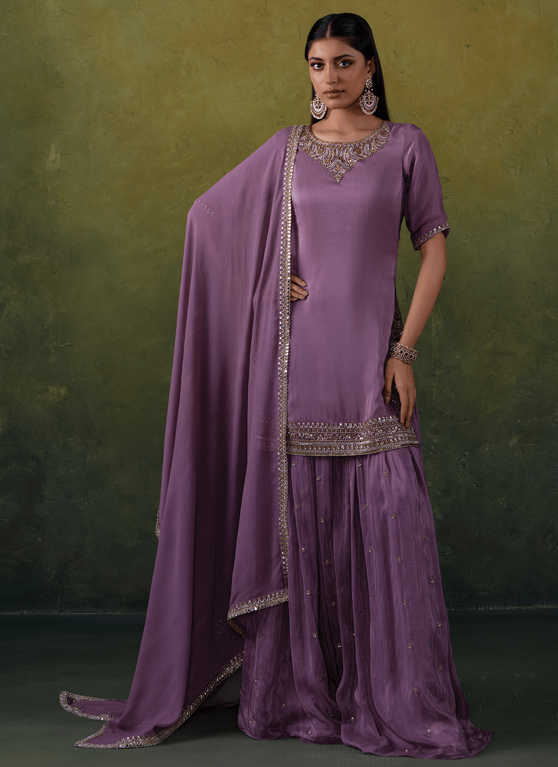 Lilac Purple Embroidered Silk Sharara Suit - Lashkaraa